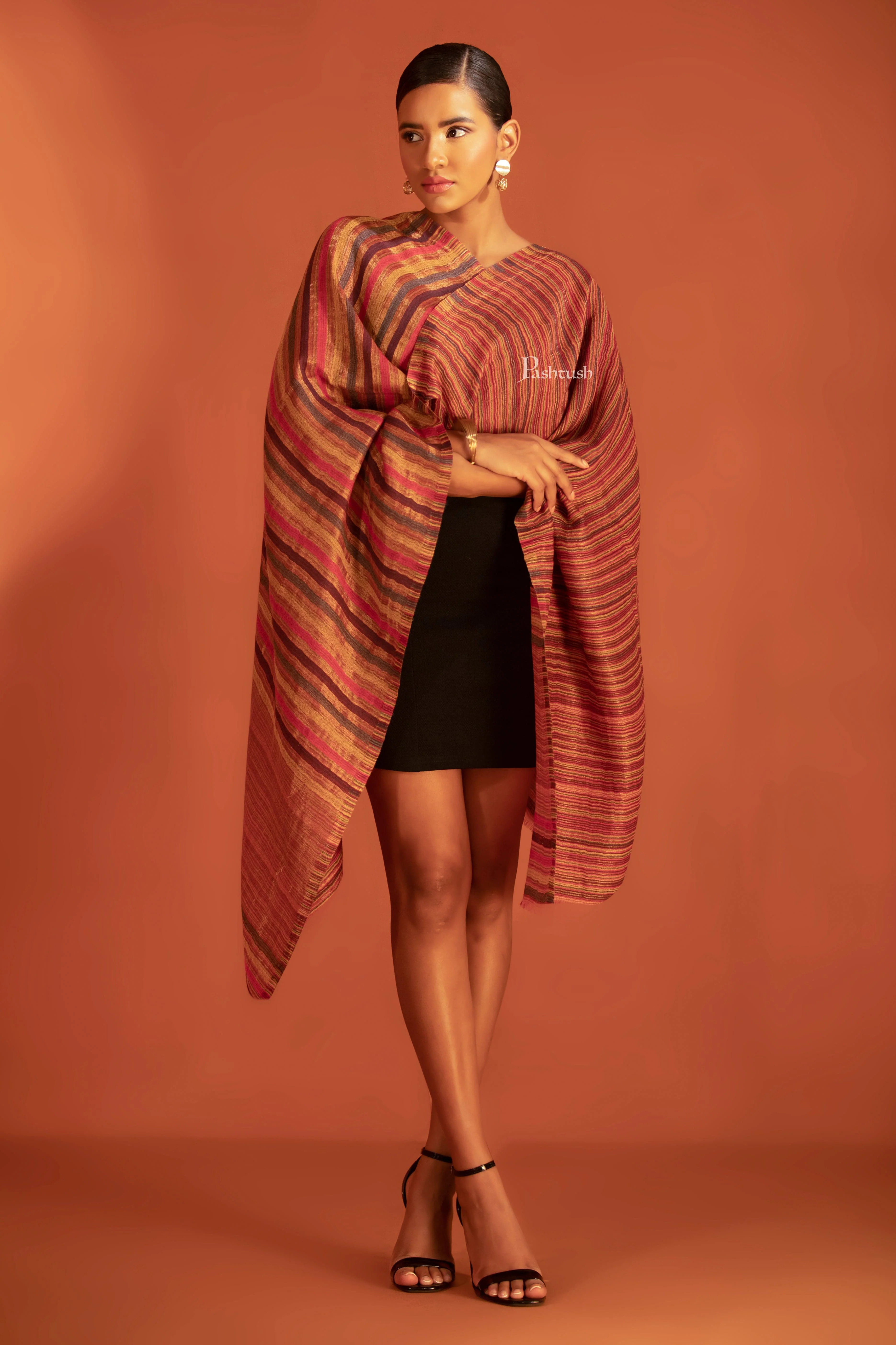 Pashtush Womens Extra Fine Wool Stole, Stripe With Zari Design, Multicolour (Twilight) - Image 5