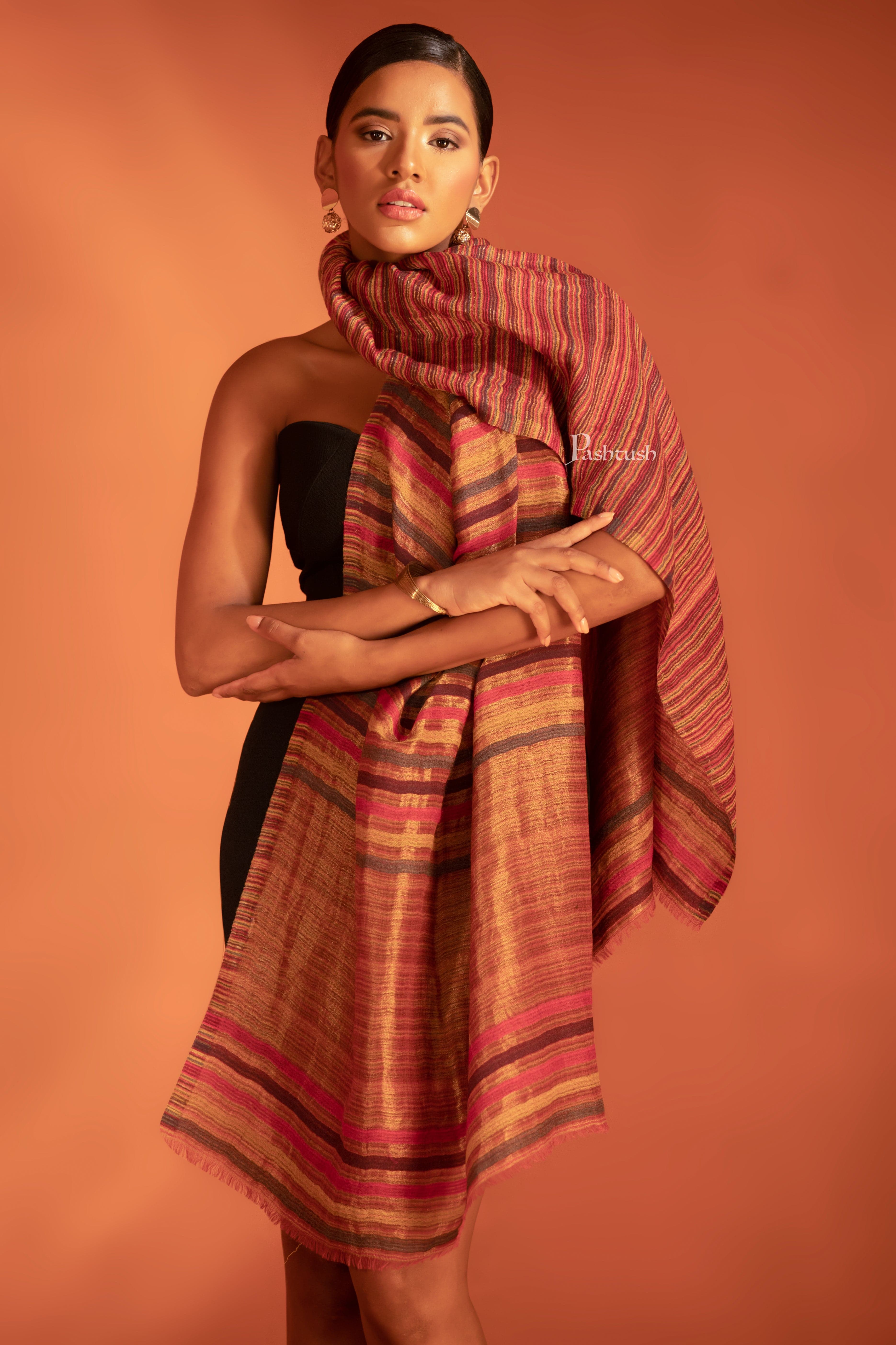 Pashtush Womens Extra Fine Wool Stole, Stripe With Zari Design, Multicolour (Twilight) - Image 7
