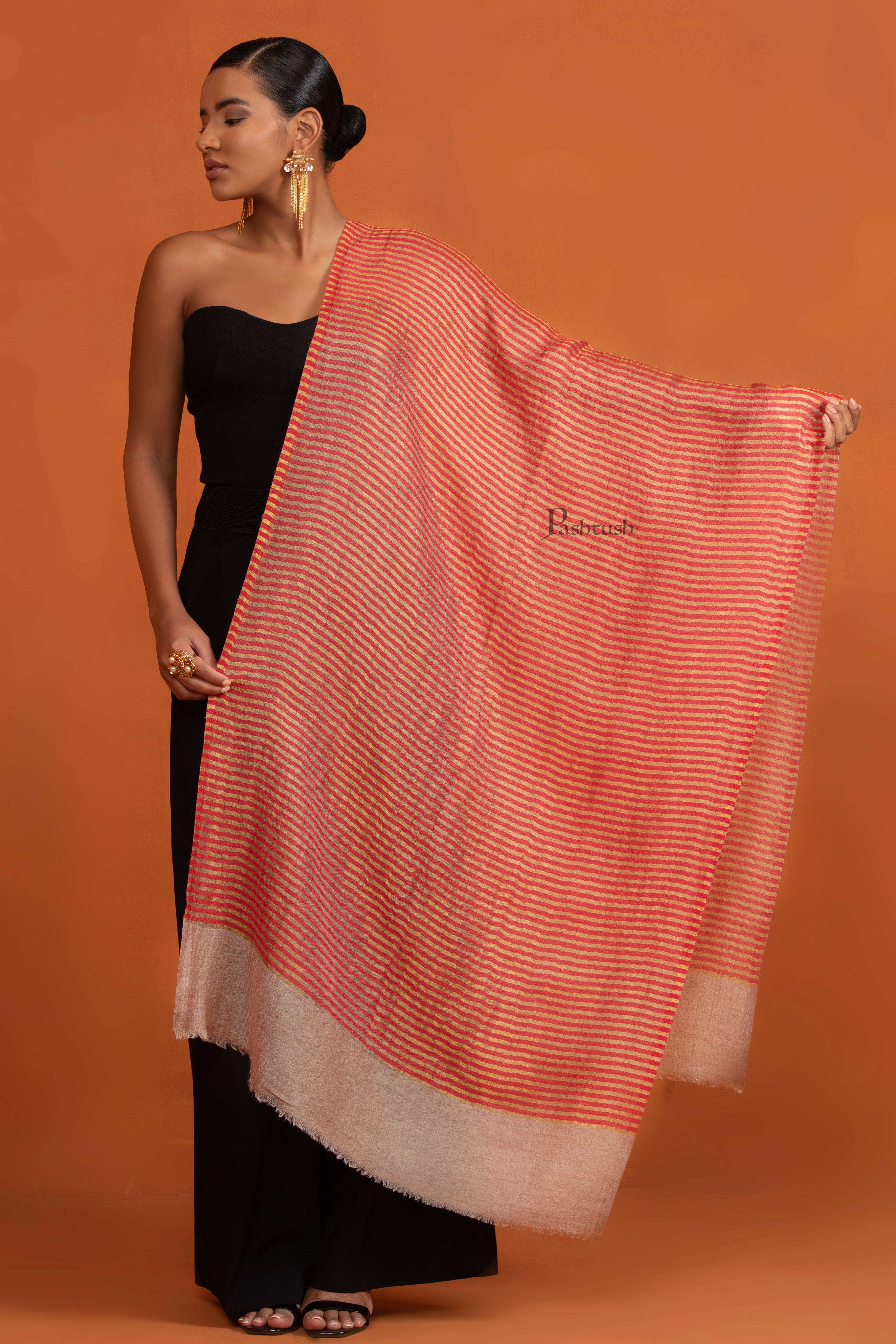 Pashtush Womens Extra Fine Wool Stole, Twilght Collection Striped Design, Red Golden - Image 2