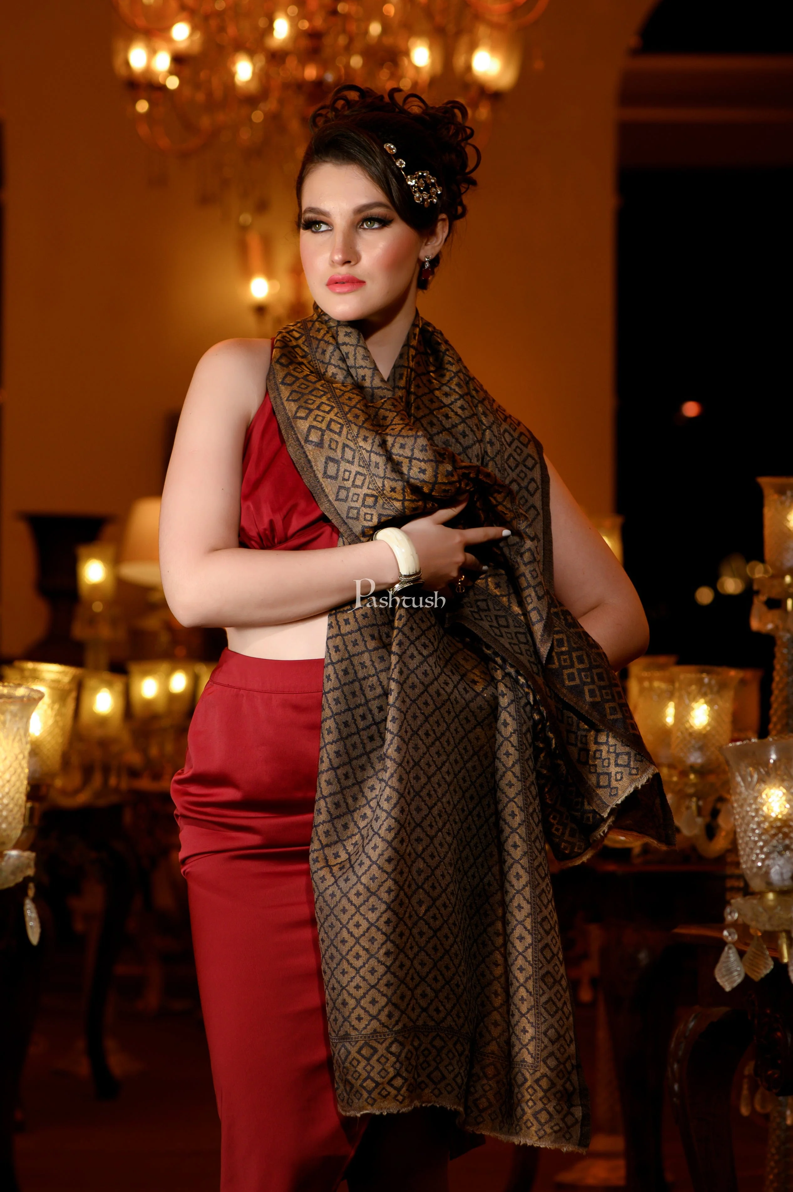 Pashtush Womens Extra Fine Wool Stole, Twilight Collection Reversible Design, Blue - Image 3