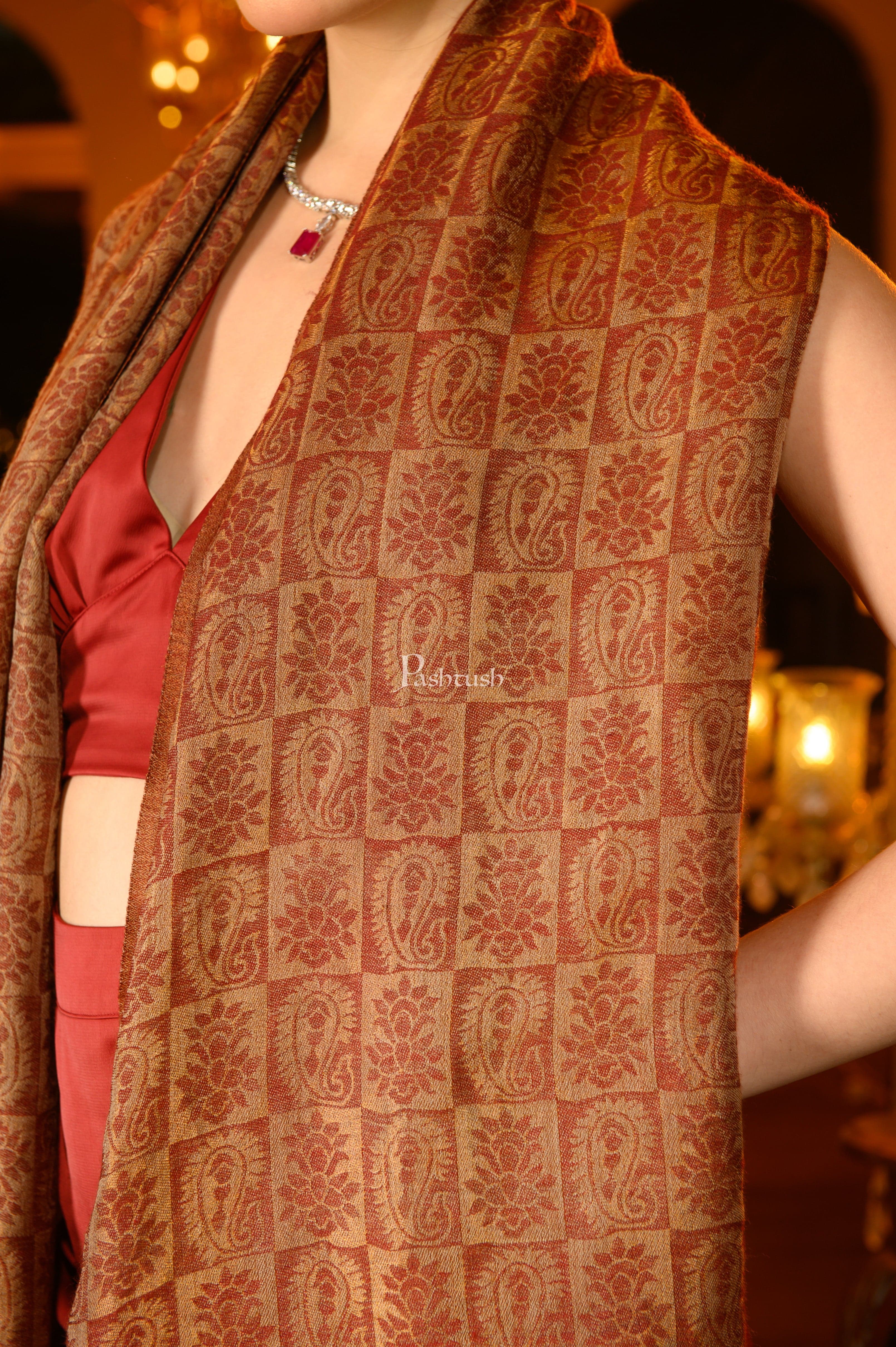 Pashtush Womens Extra Fine Wool Stole, Twilight Collection Reversible Design, Maroon - Image 3