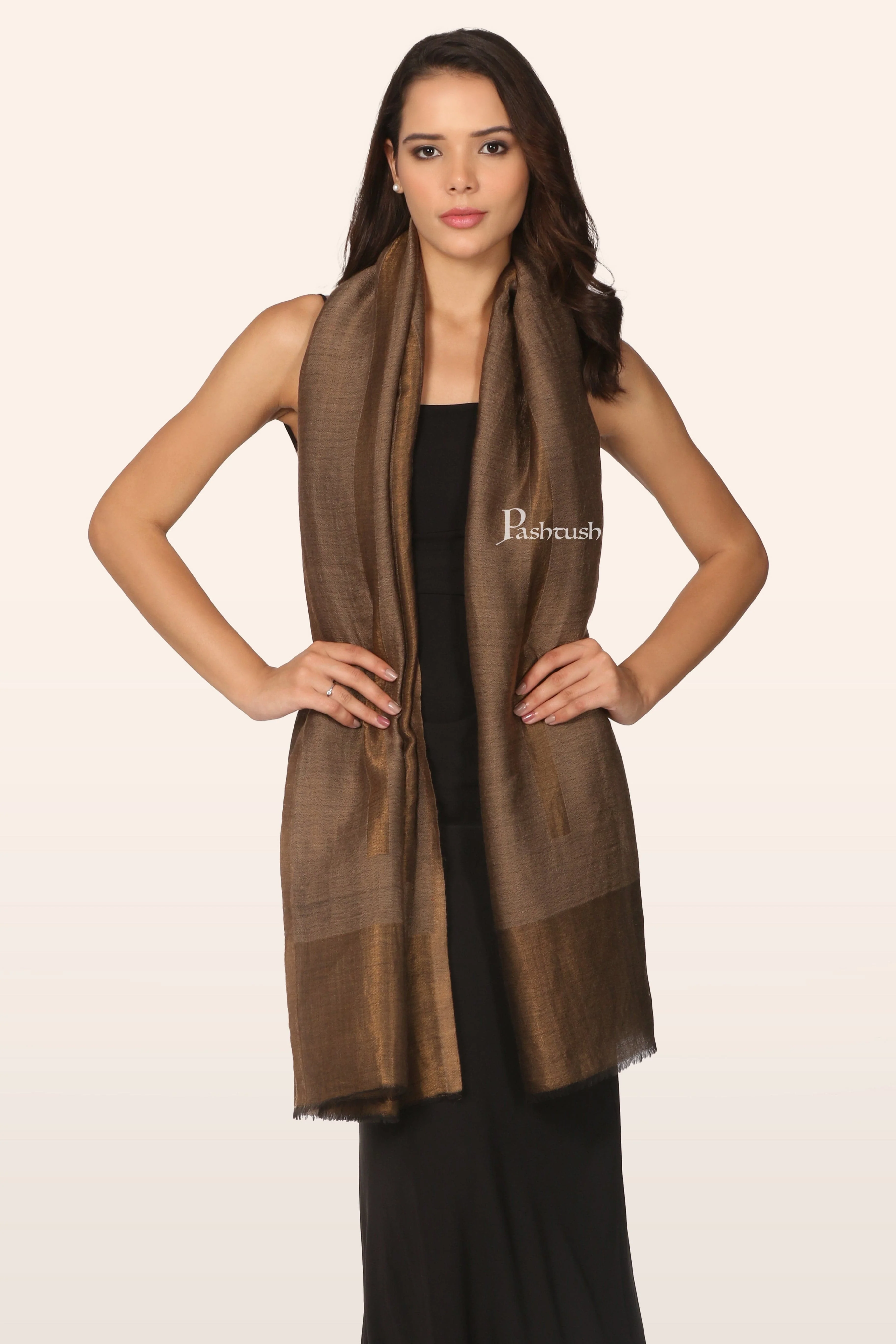Pashtush Womens Extra Fine Wool Stole, Twilight Collection Reversible Weave, Taupe - Image 3
