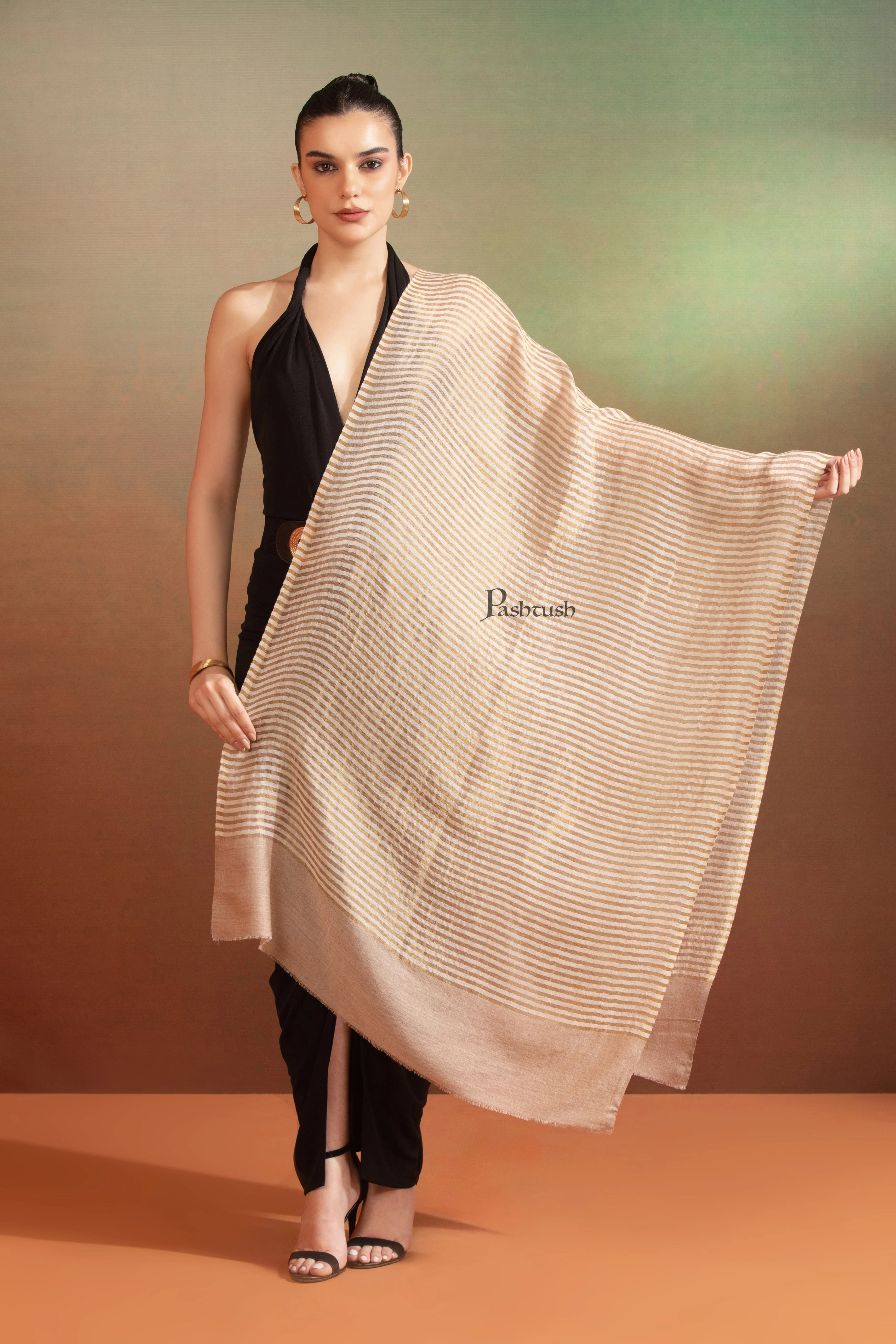 Pashtush Womens Extra Fine Wool Stole, Twilight Collection, Shimmery Weave Design, Beige