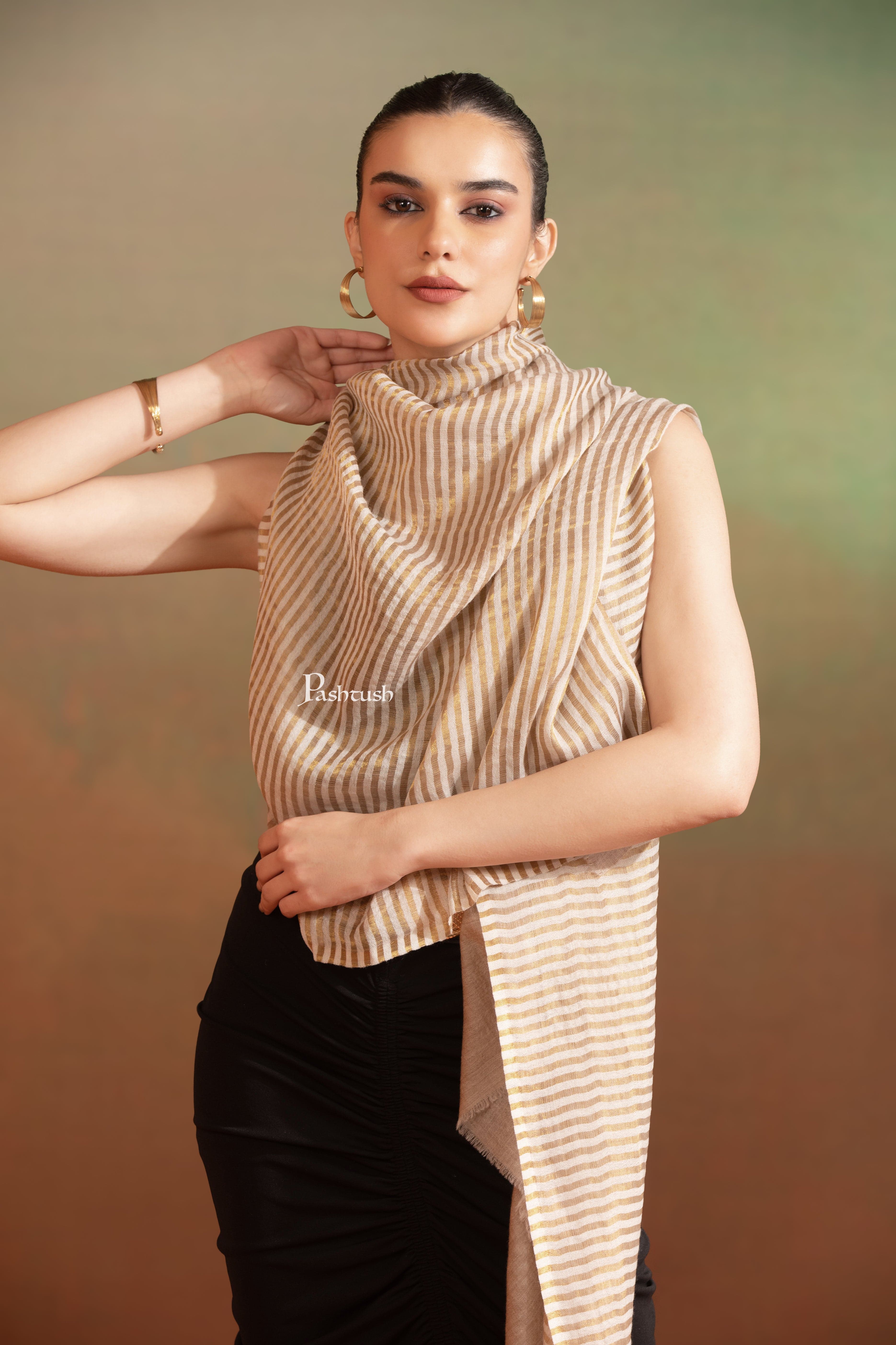 Pashtush Womens Extra Fine Wool Stole, Twilight Collection, Shimmery Weave Design, Beige - Image 3