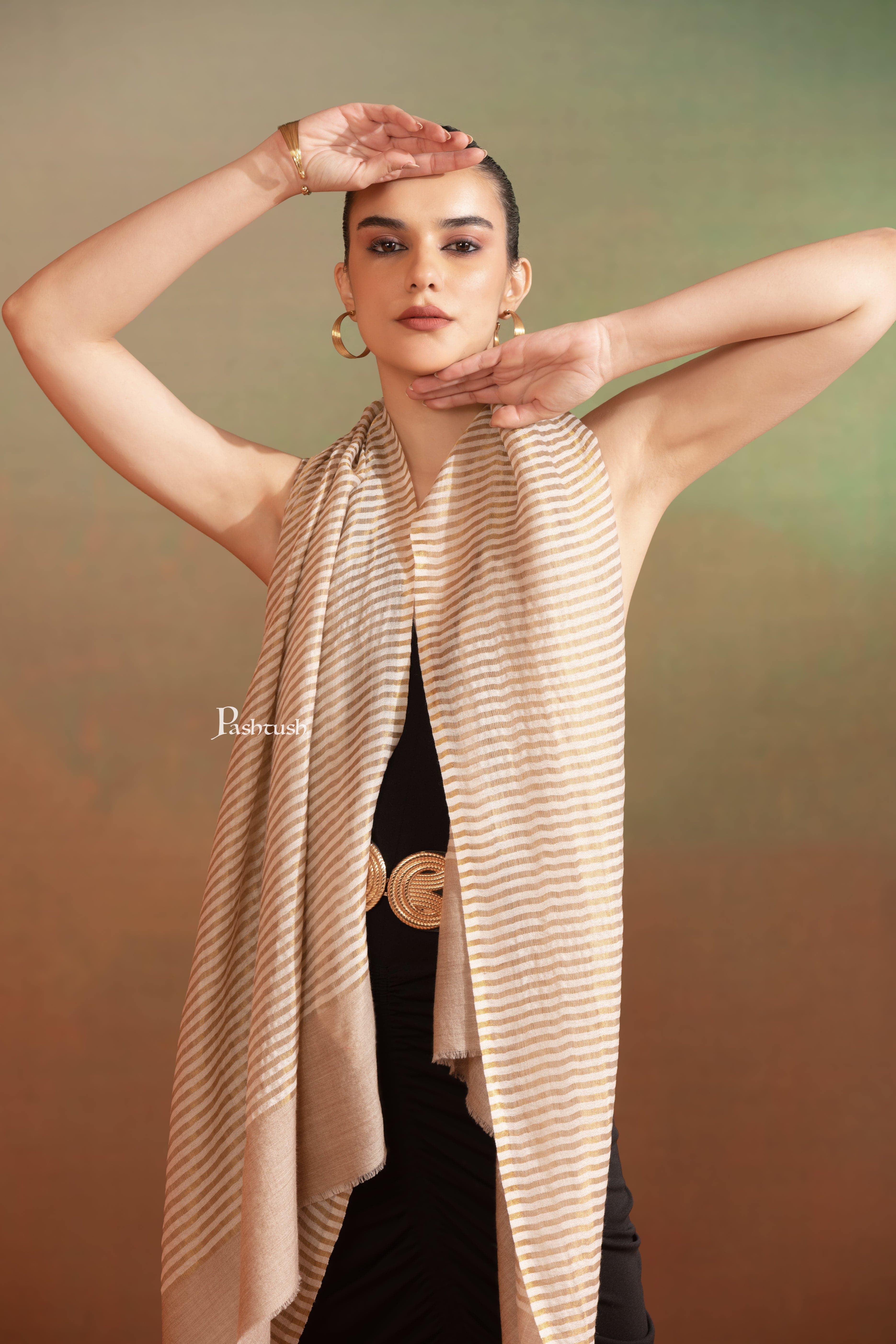 Pashtush Womens Extra Fine Wool Stole, Twilight Collection, Shimmery Weave Design, Beige - Image 4
