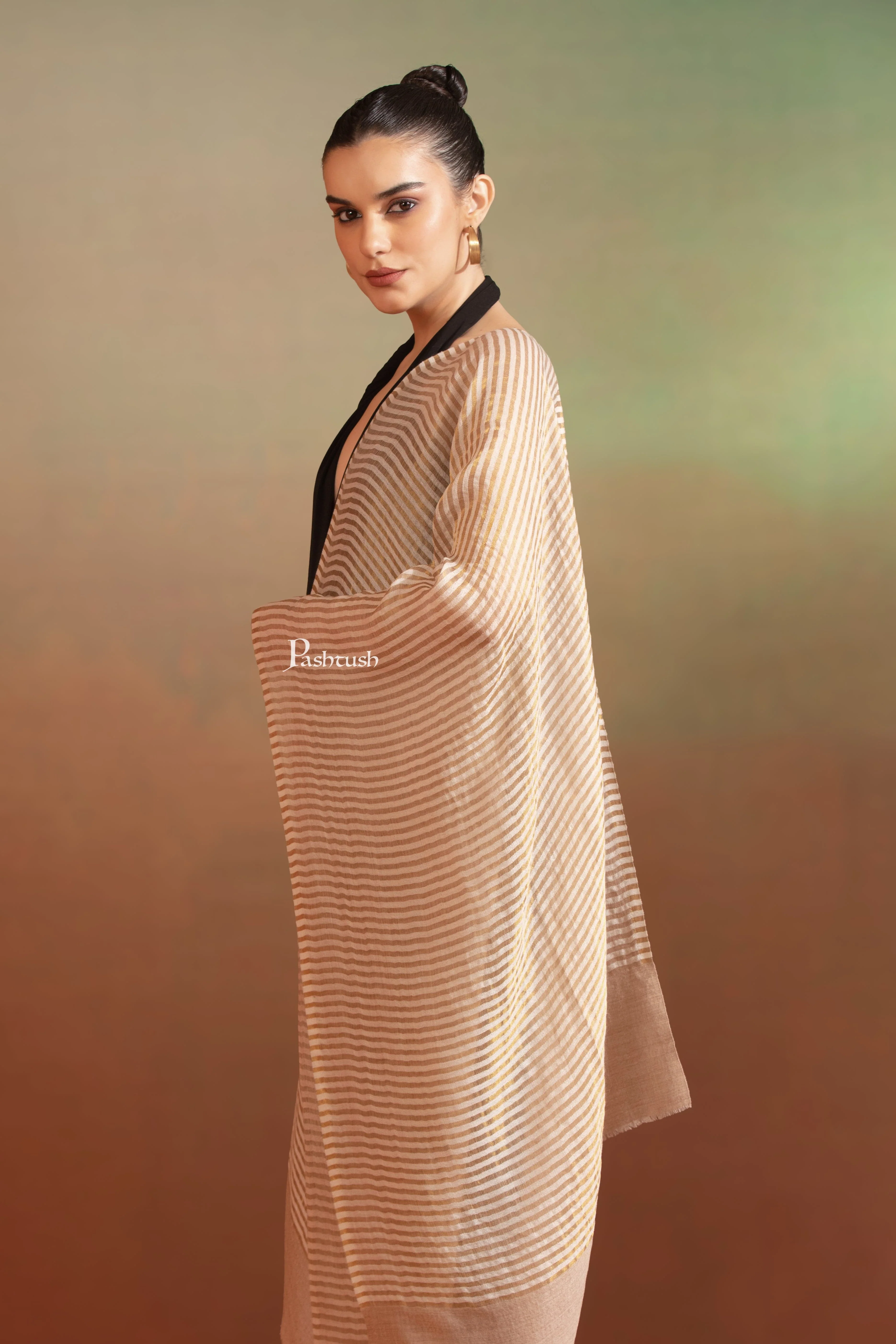 Pashtush Womens Extra Fine Wool Stole, Twilight Collection, Shimmery Weave Design, Beige - Image 5