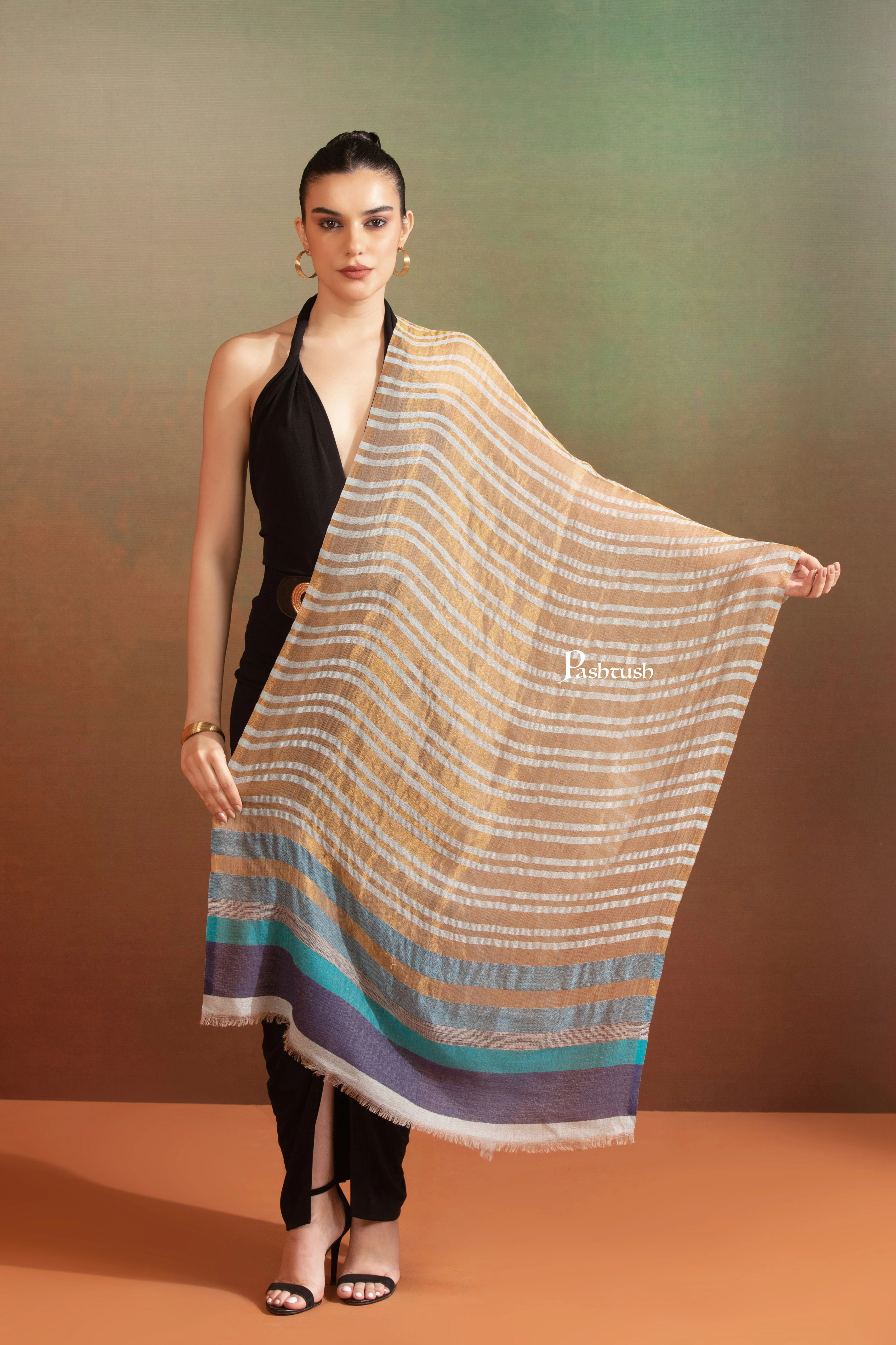 Pashtush Womens Extra Fine Wool Stole, Twilight Collection, Shimmery Weave Design, Beige And Gold - Image 3