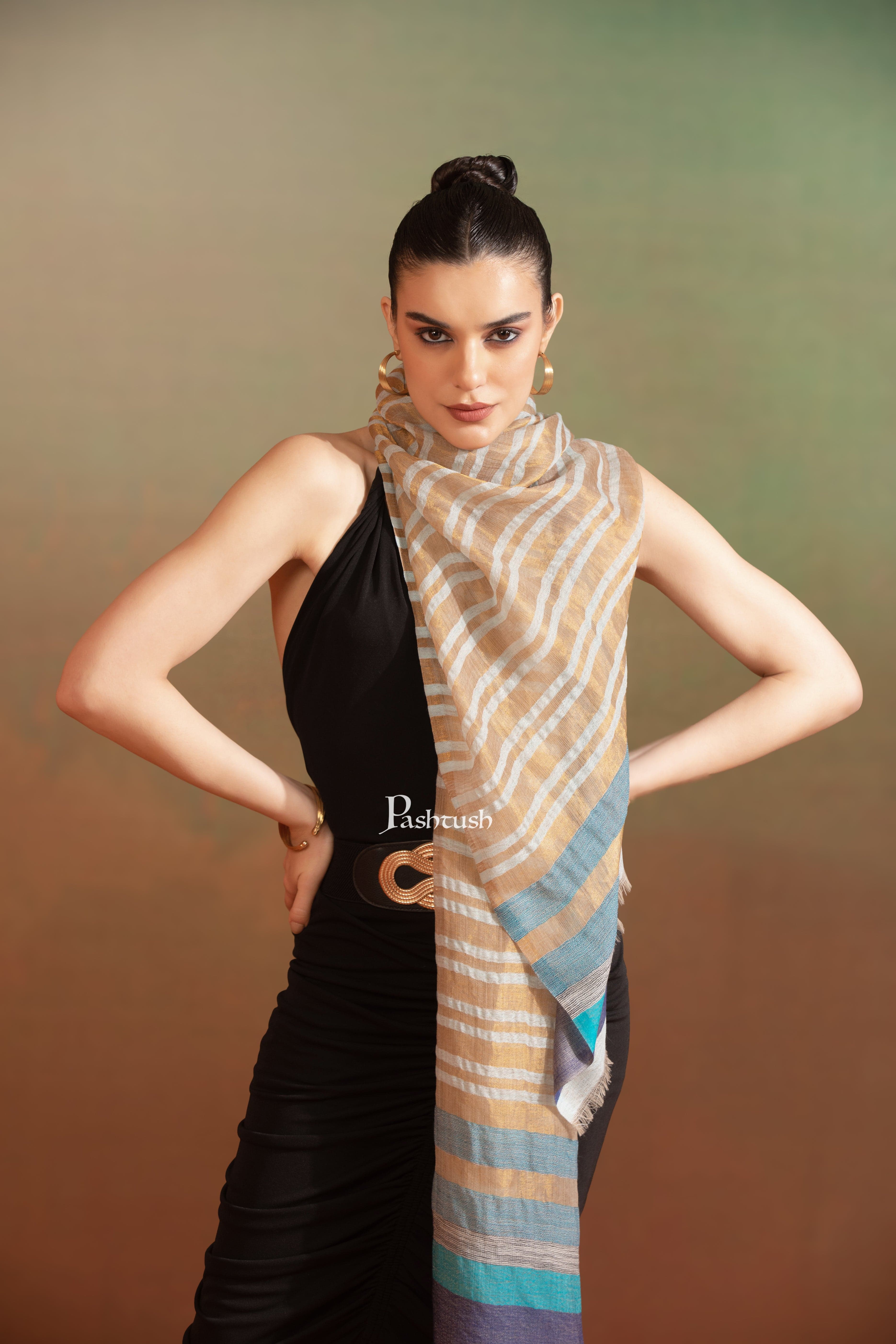 Pashtush Womens Extra Fine Wool Stole, Twilight Collection, Shimmery Weave Design, Beige And Gold - Image 5