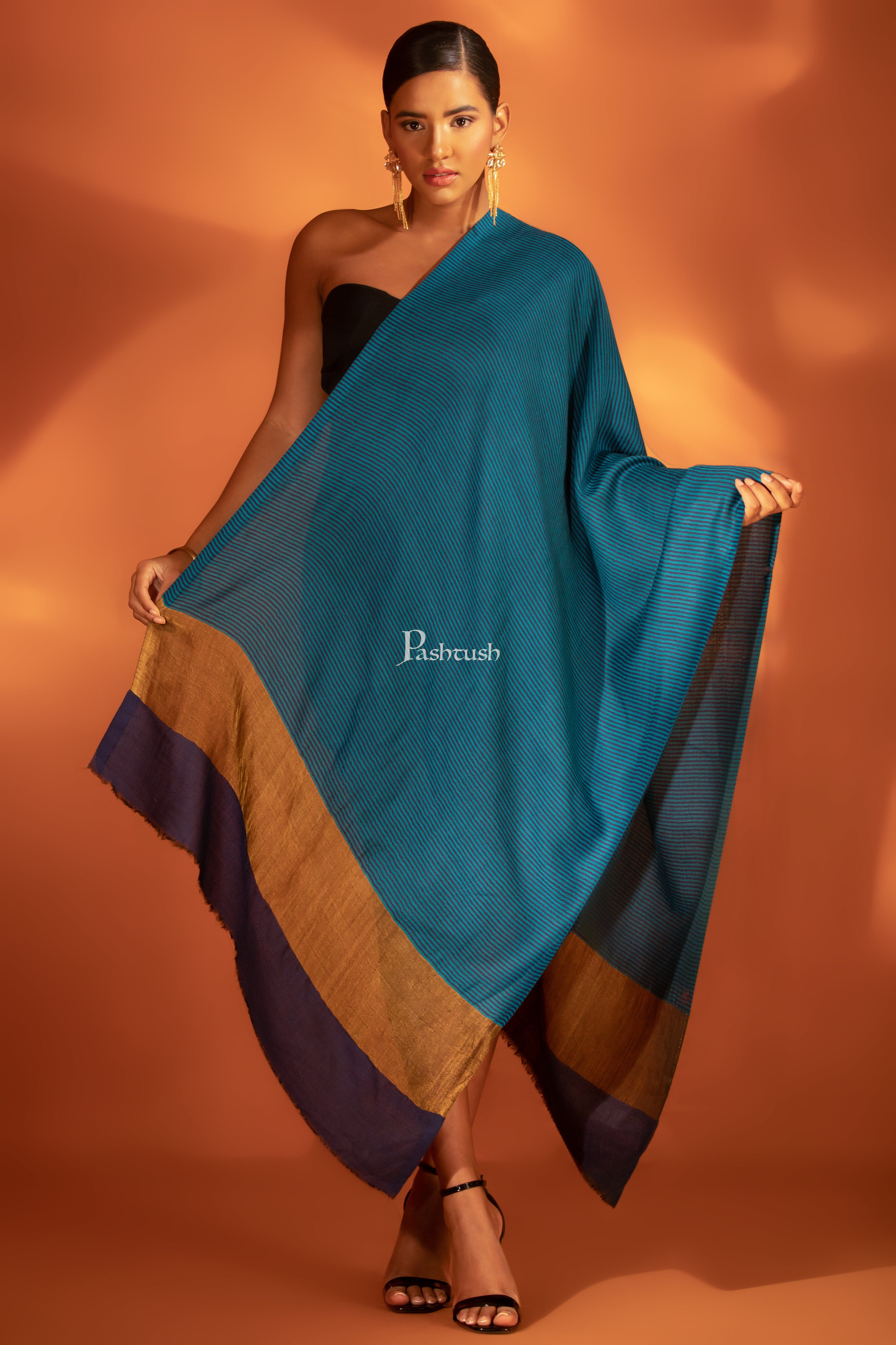 Pashtush Womens Extra Fine Wool Stole, Twilight Collection, Striped Gold Design, Royal Blue - Image 3