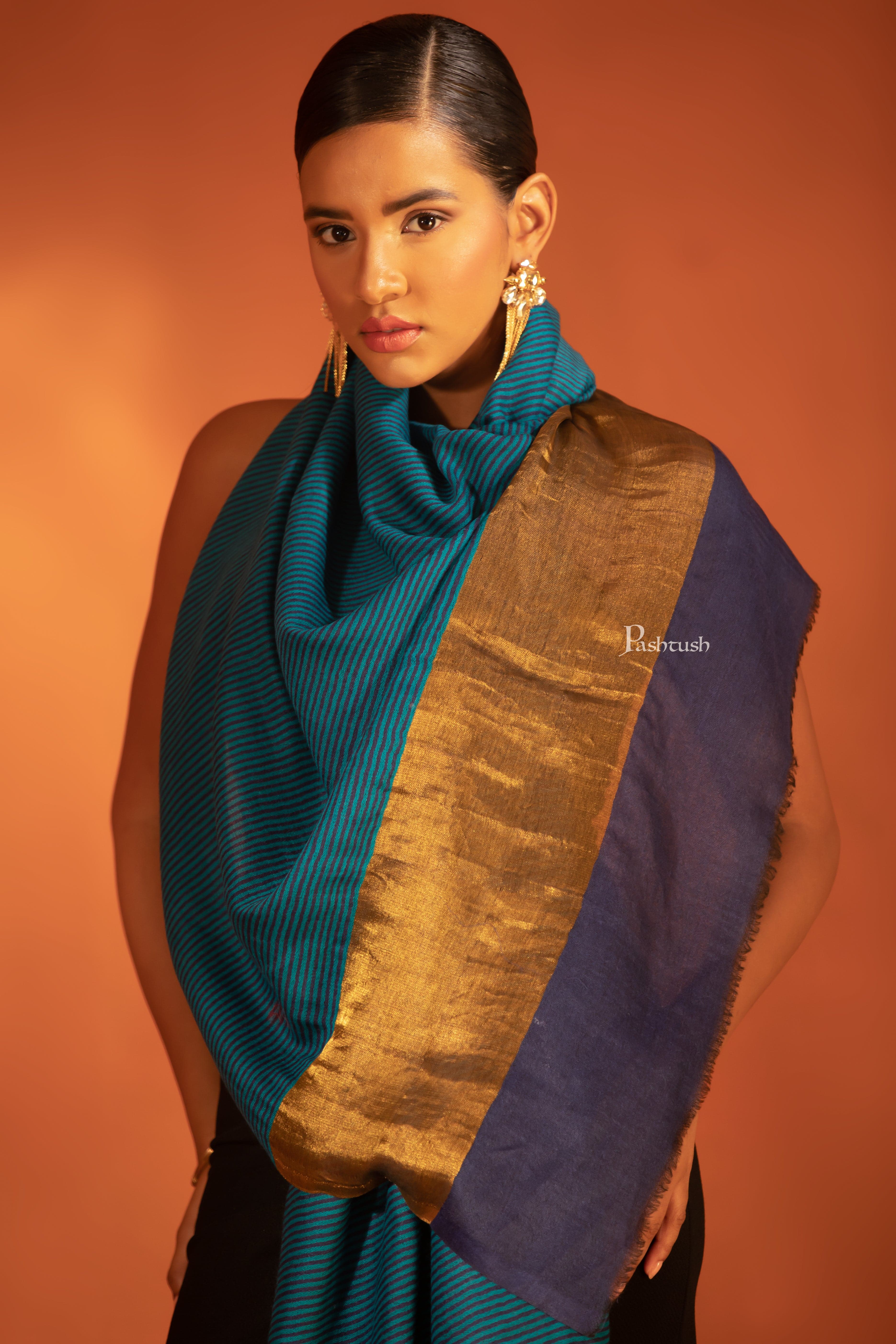 Pashtush Womens Extra Fine Wool Stole, Twilight Collection, Striped Gold Design, Royal Blue - Image 6