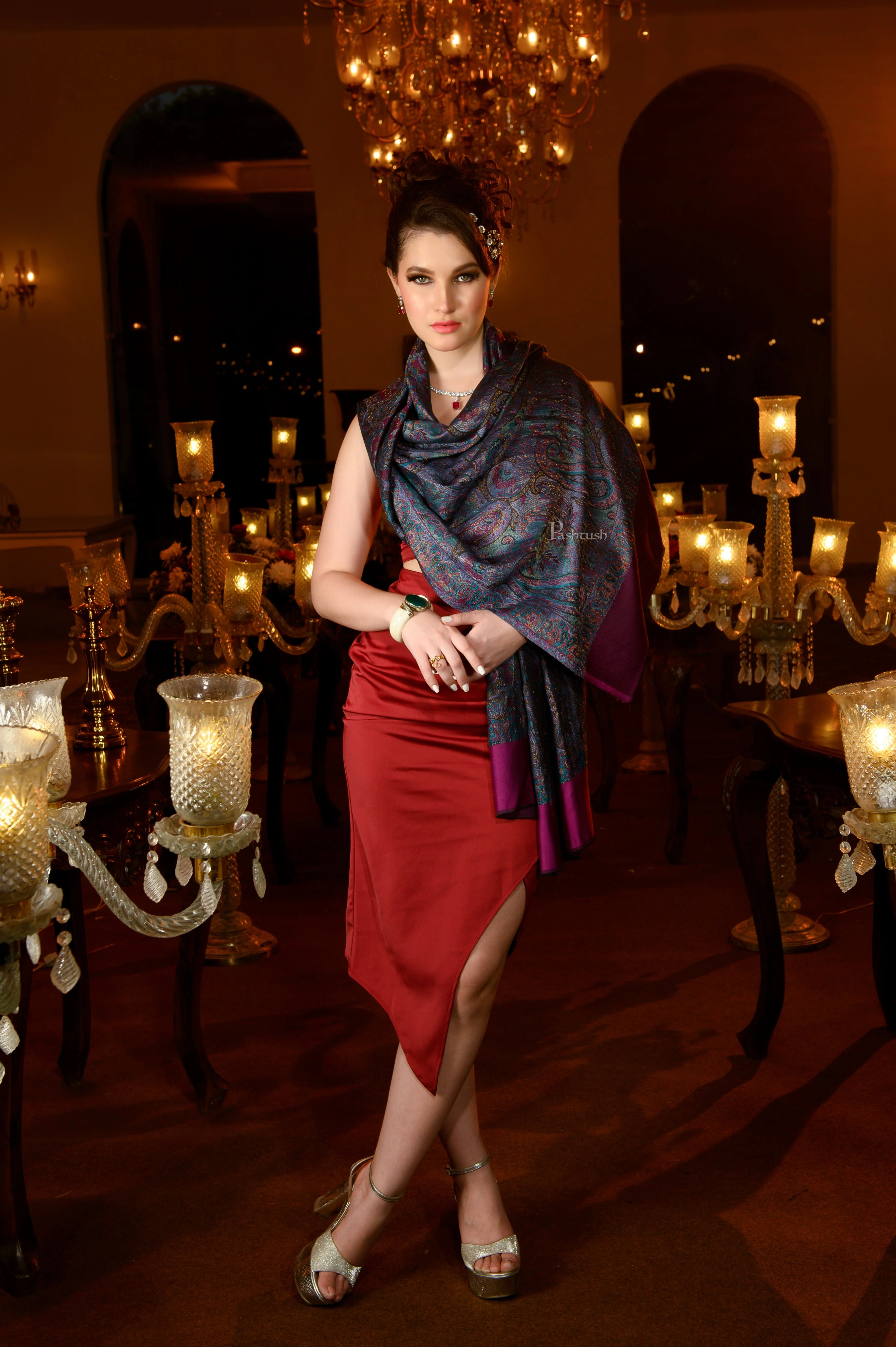 Pashtush Womens Extra Fine Wool Stole, Twilight Collection, Zari Weave Design, Multicolour - Image 3