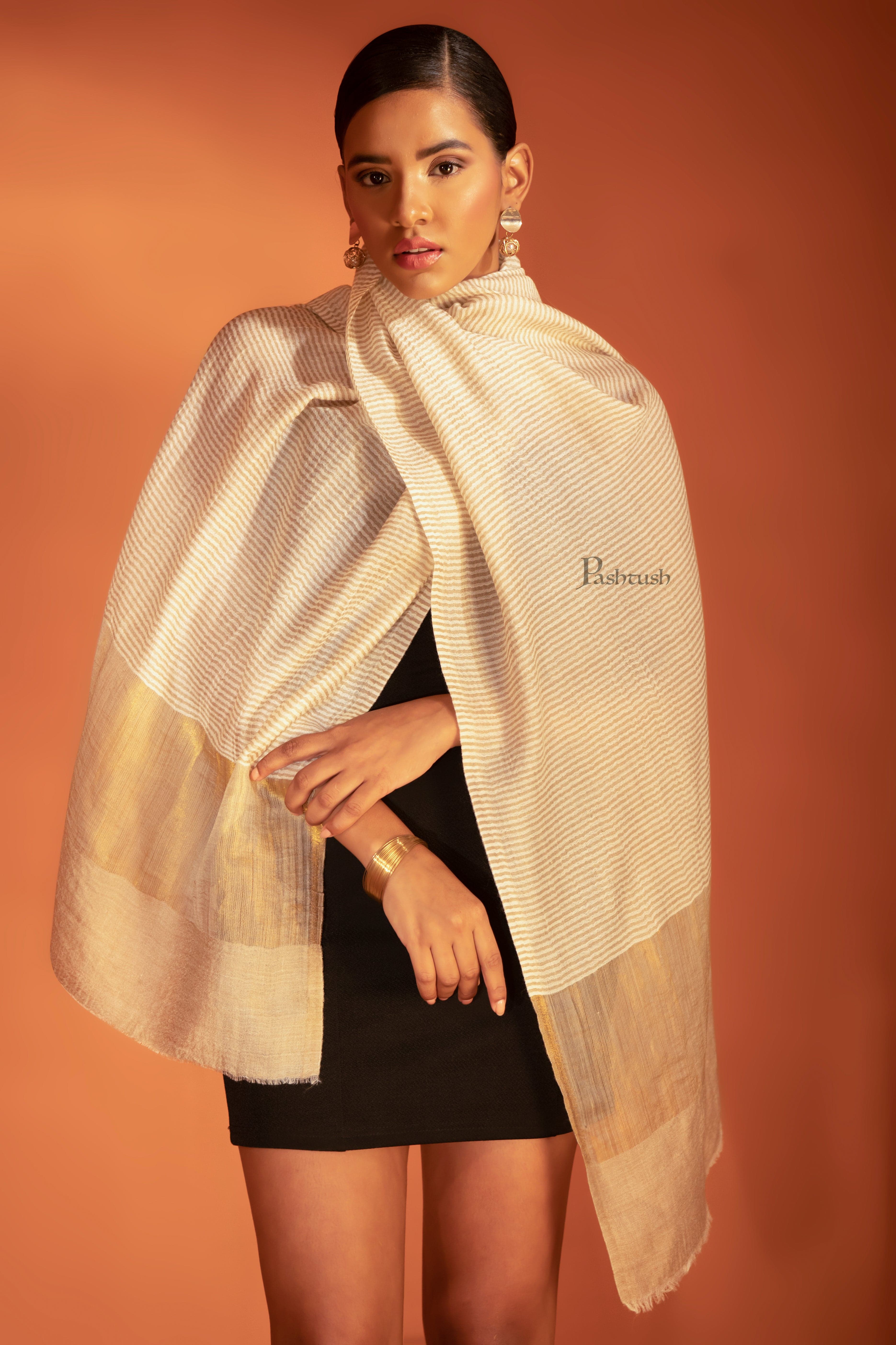 Pashtush Womens Extra Fine Wool Stole, Twilight Stripe Design, Ivory - Image 5