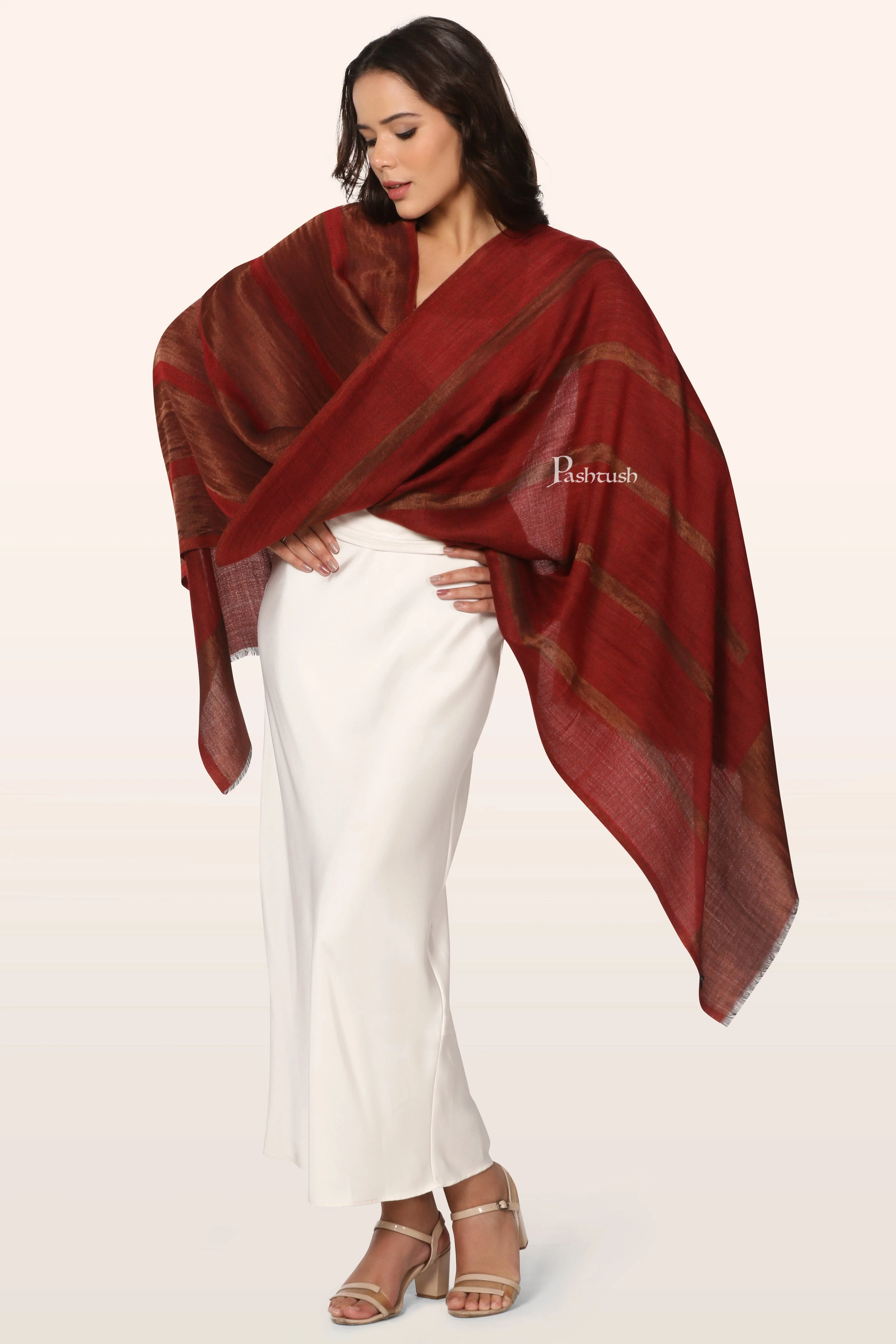 Pashtush Womens Extra Fine Wool Stole, Twilight Stripe Reversbile Design, Maroon