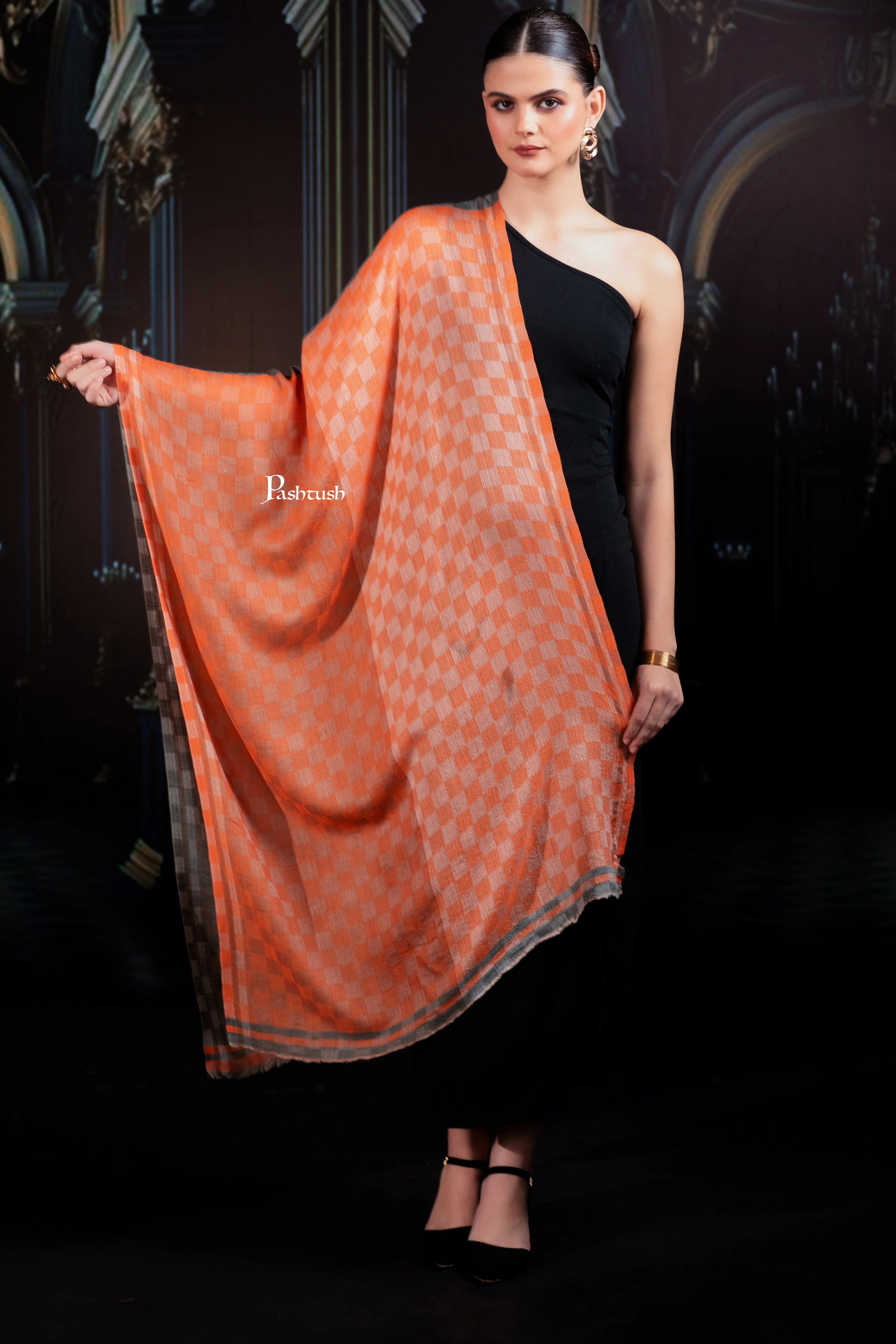 Pashtush Womens Extra Fine Wool Stole, Twin Colour Weave Checkered Design, Amber And Grey