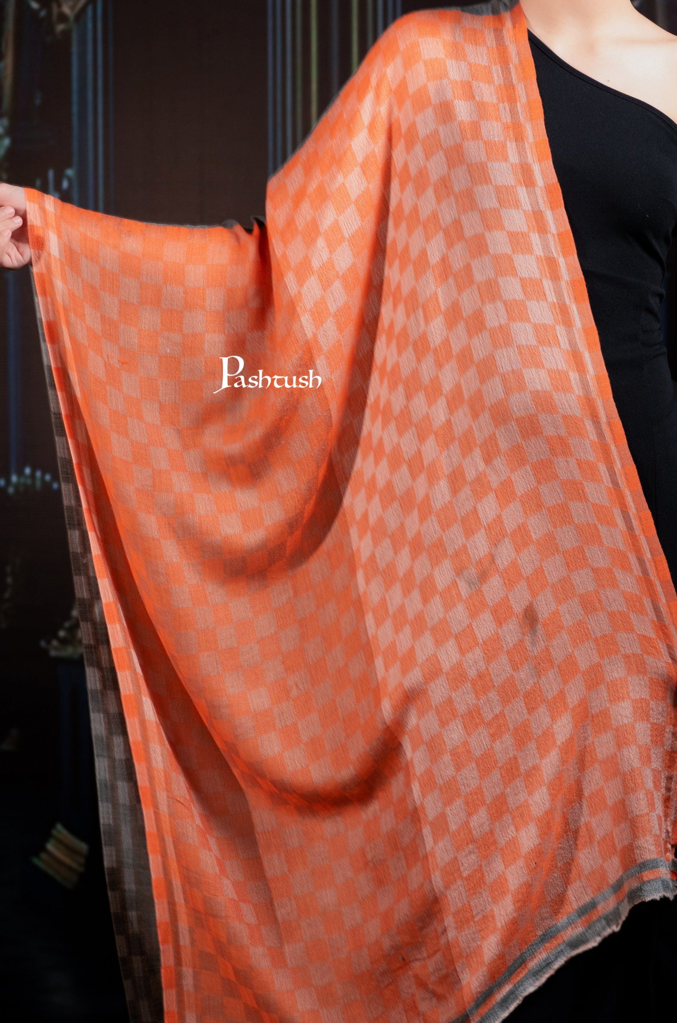 Pashtush Womens Extra Fine Wool Stole, Twin Colour Weave Checkered Design, Amber And Grey - Image 2