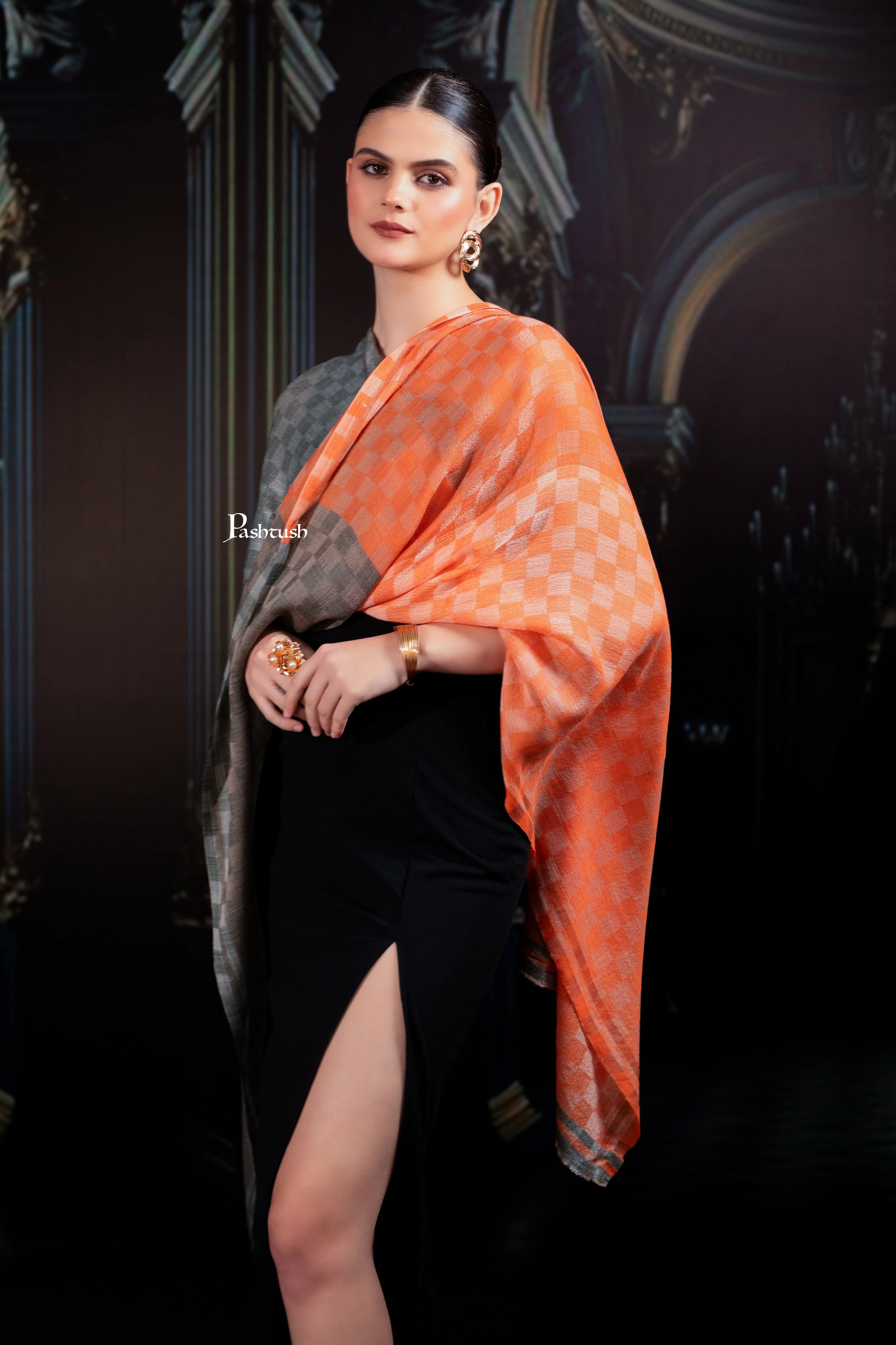 Pashtush Womens Extra Fine Wool Stole, Twin Colour Weave Checkered Design, Amber And Grey - Image 3