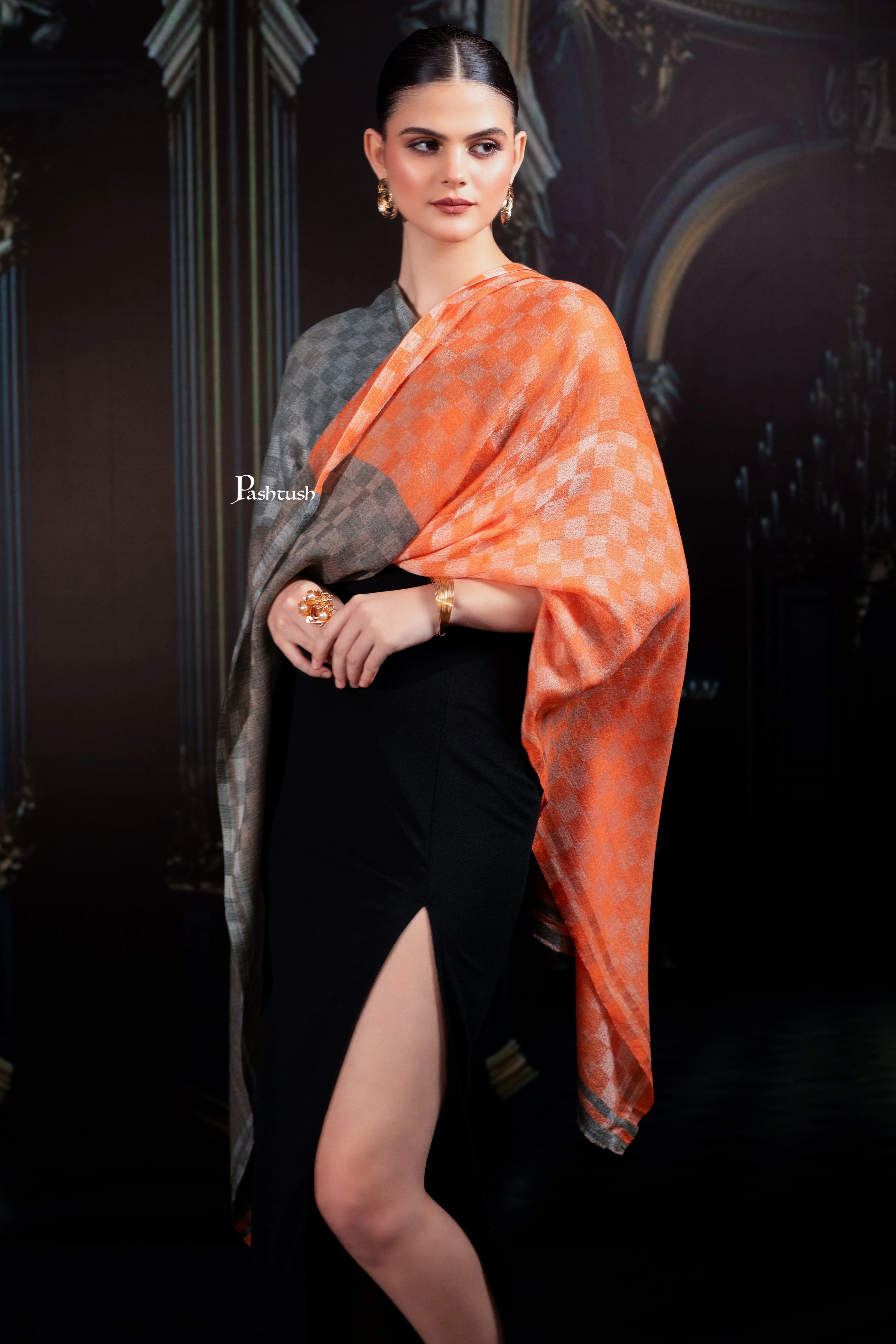 Pashtush Womens Extra Fine Wool Stole, Twin Colour Weave Checkered Design, Amber And Grey - Image 4