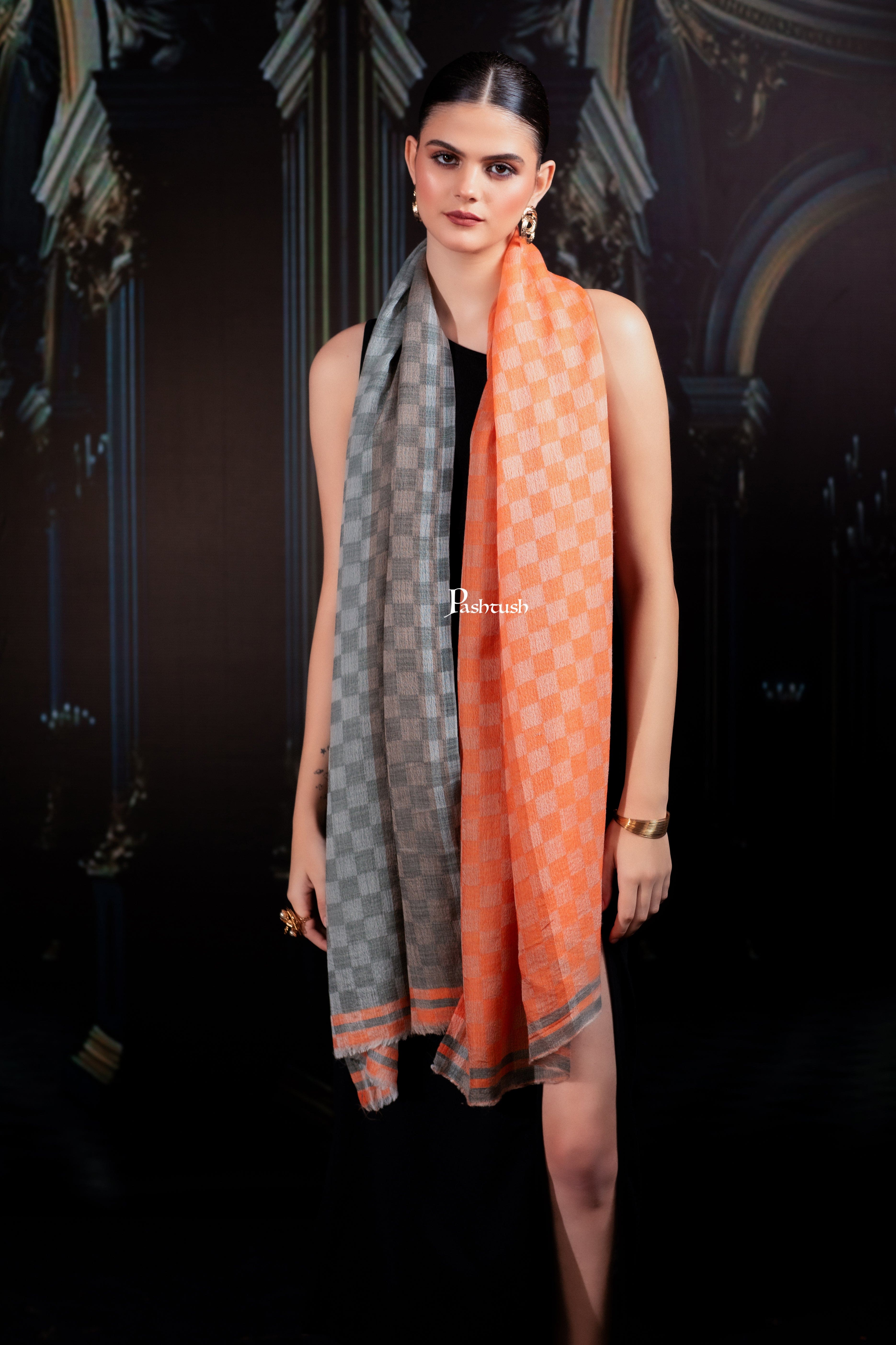 Pashtush Womens Extra Fine Wool Stole, Twin Colour Weave Checkered Design, Amber And Grey - Image 5
