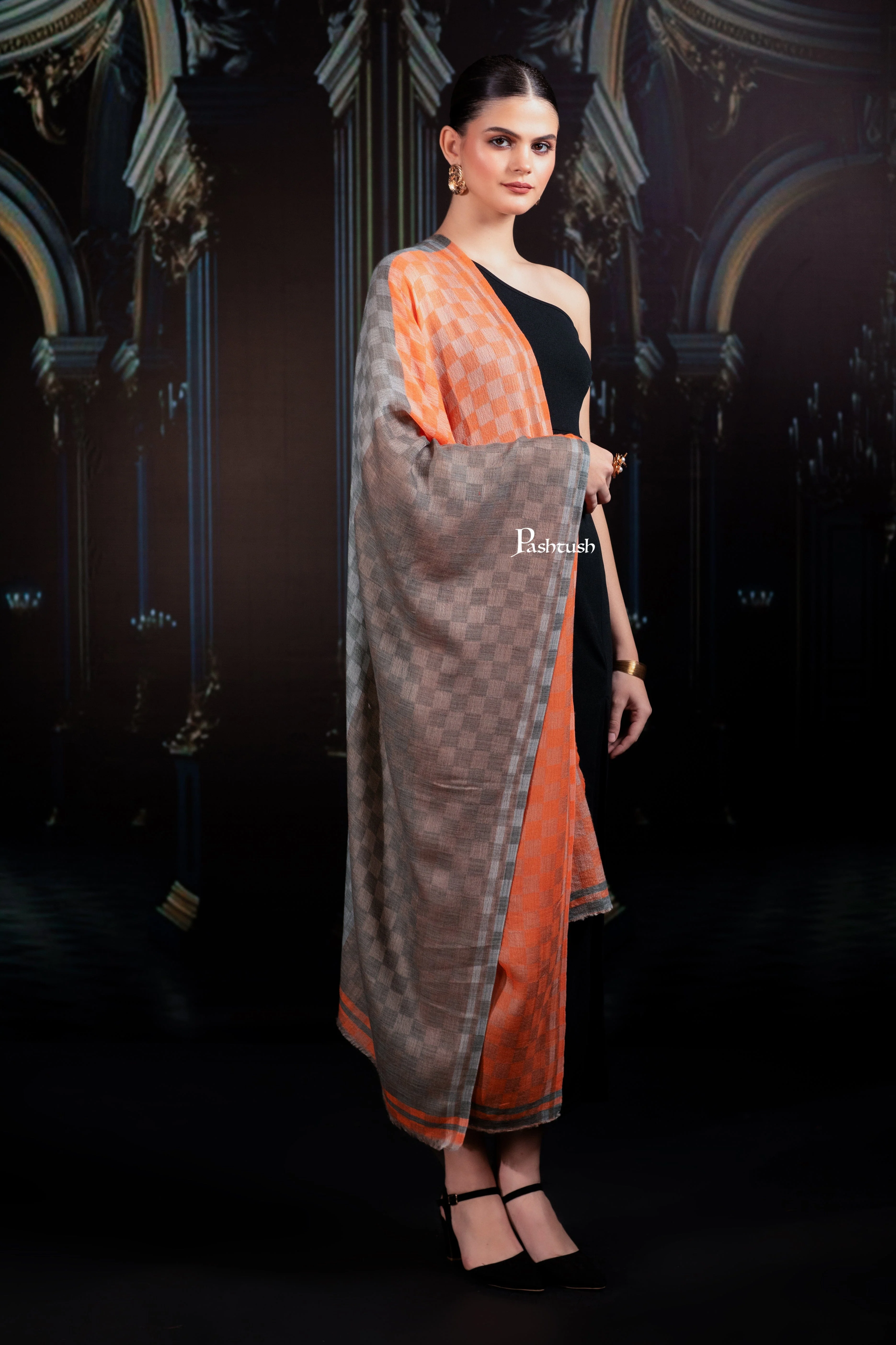 Pashtush Womens Extra Fine Wool Stole, Twin Colour Weave Checkered Design, Amber And Grey - Image 6