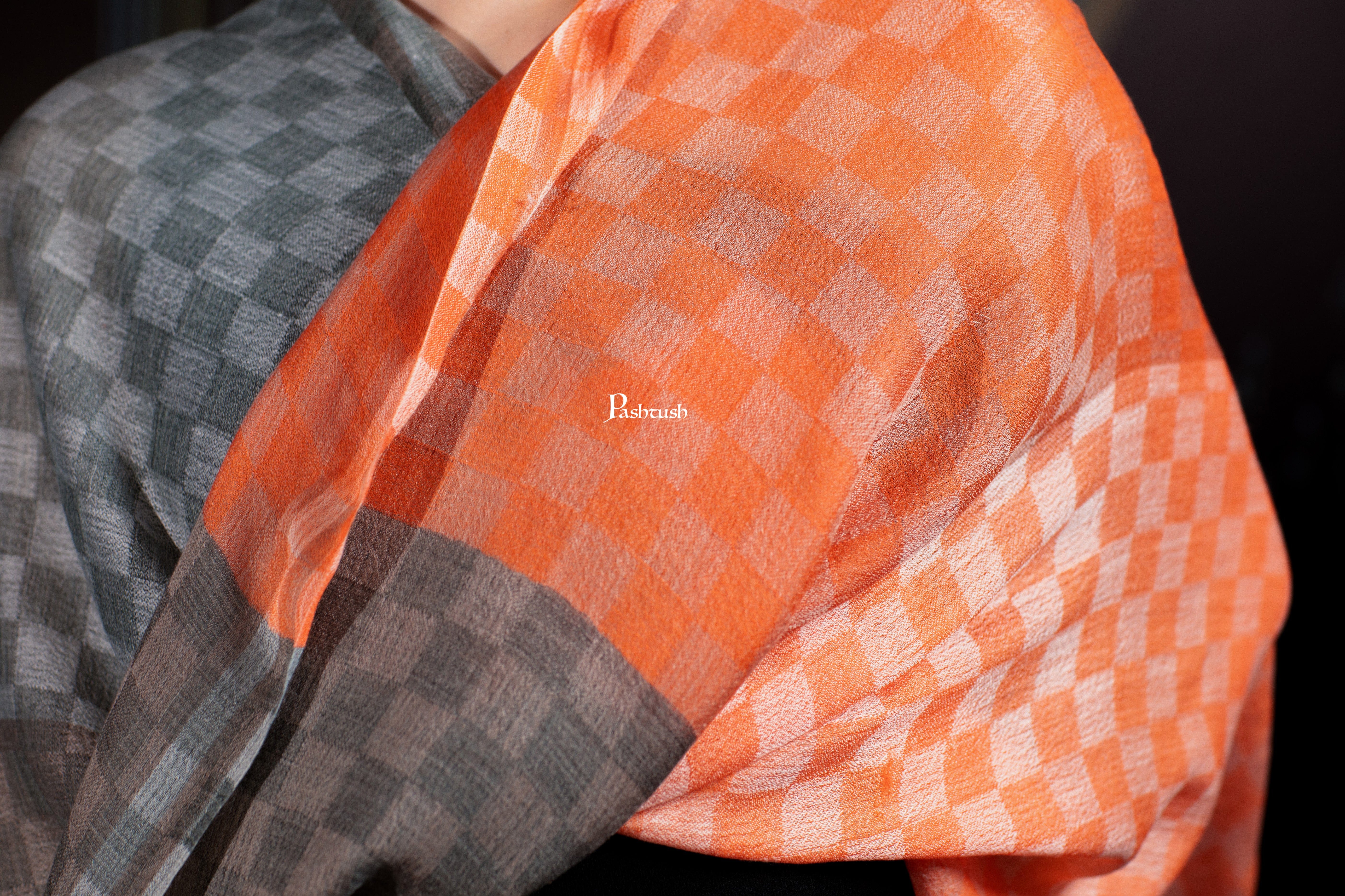 Pashtush Womens Extra Fine Wool Stole, Twin Colour Weave Checkered Design, Amber And Grey - Image 7