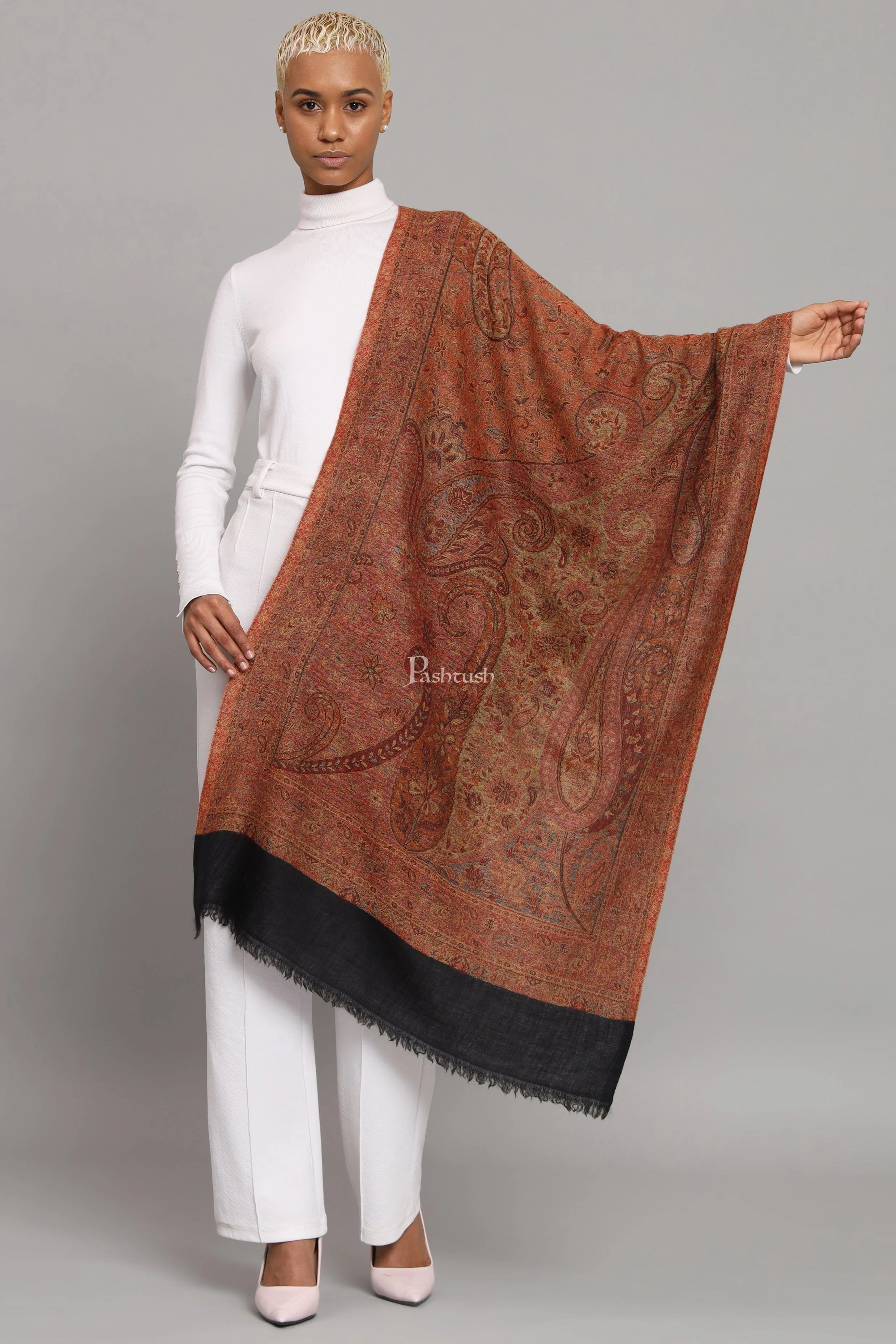 Pashtush Womens Extra Fine Wool Stole, Ultra Soft Fine Wool Design, Black - Image 3
