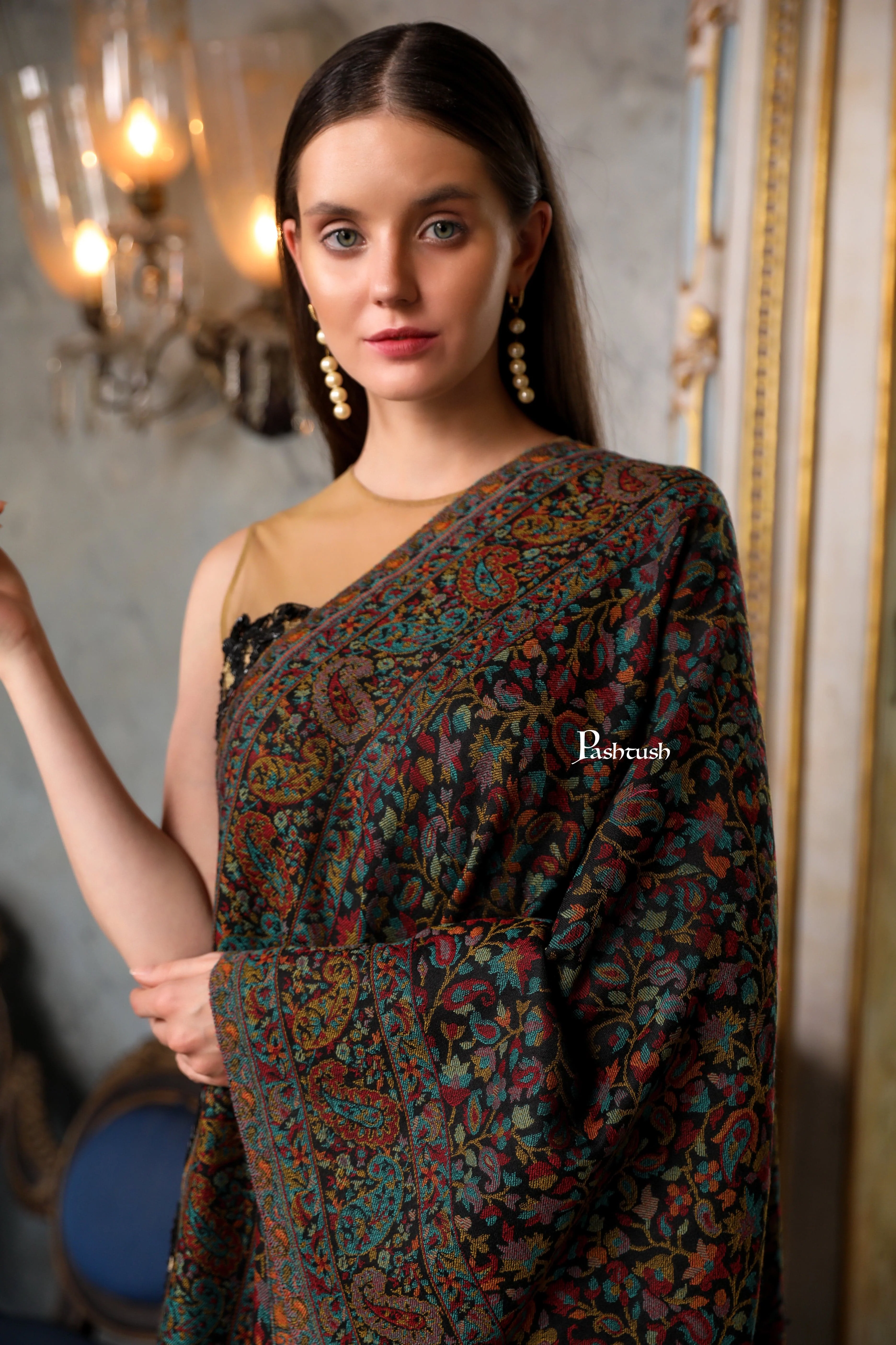 Pashtush Womens Extra Fine Wool Stole, Woven Ethnic Weave Design, Black - Image 3