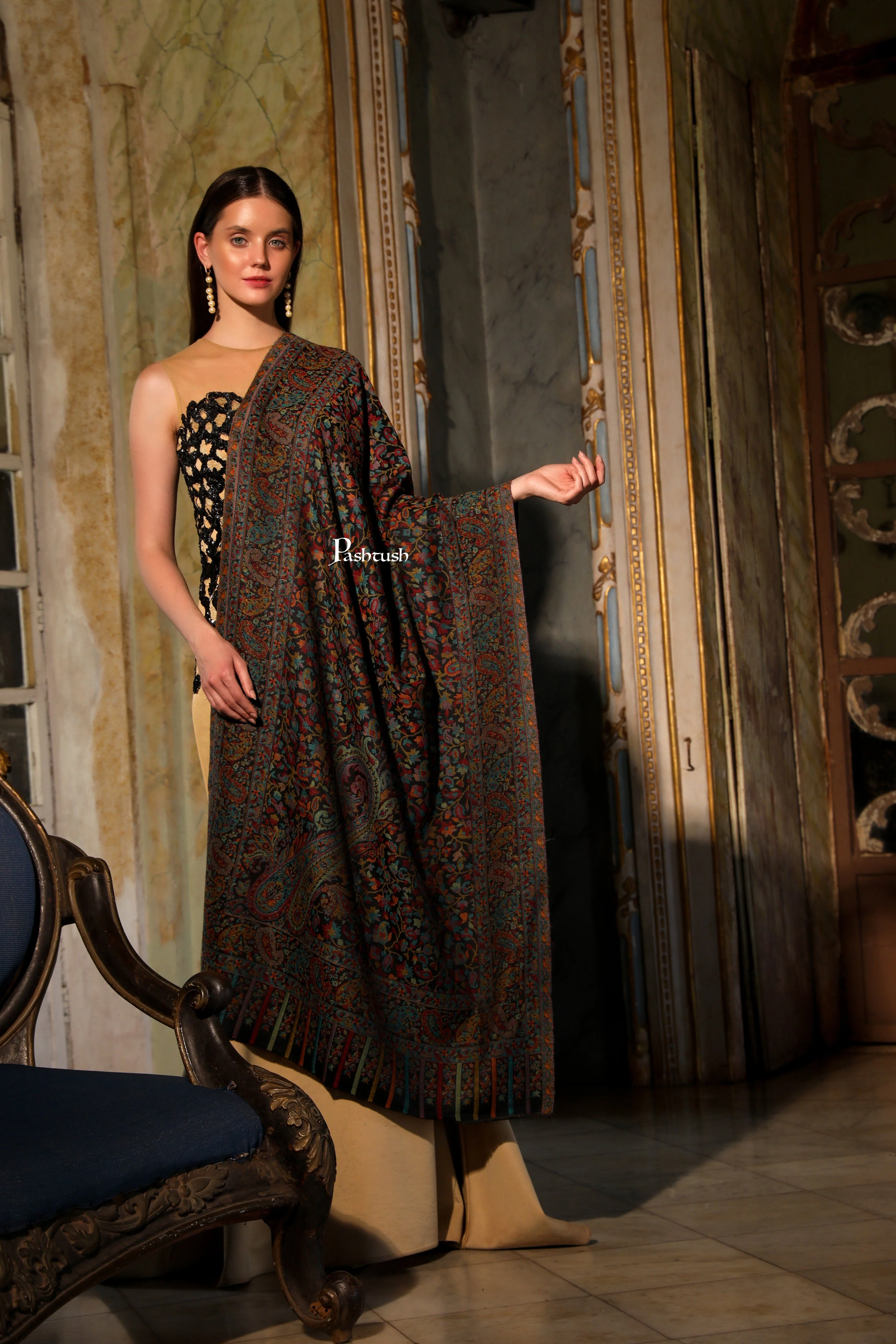 Pashtush Womens Extra Fine Wool Stole, Woven Ethnic Weave Design, Black - Image 6