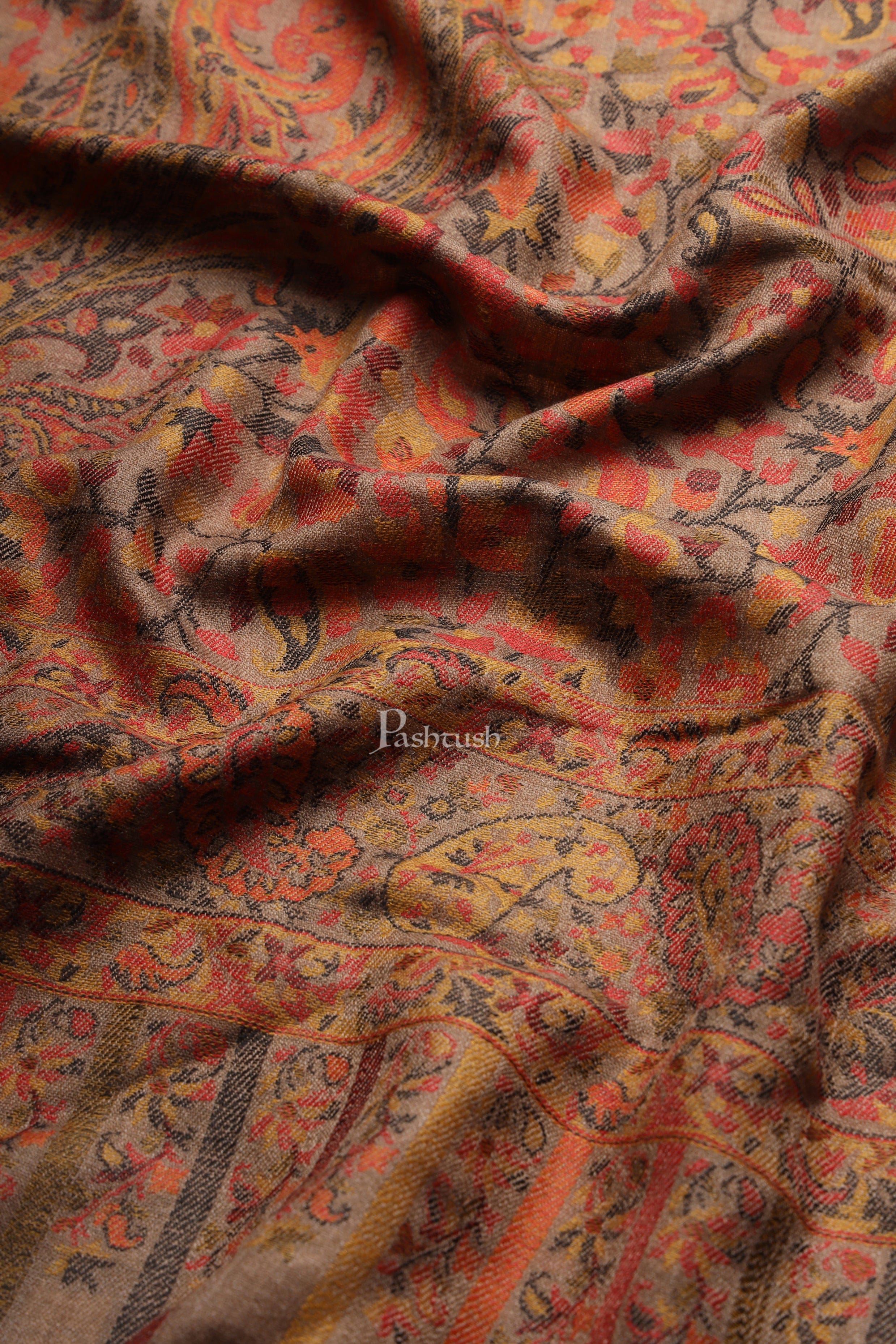 Pashtush Womens Extra Fine Wool Stole, Woven Ethnic Weave Design, Taupe - Image 2