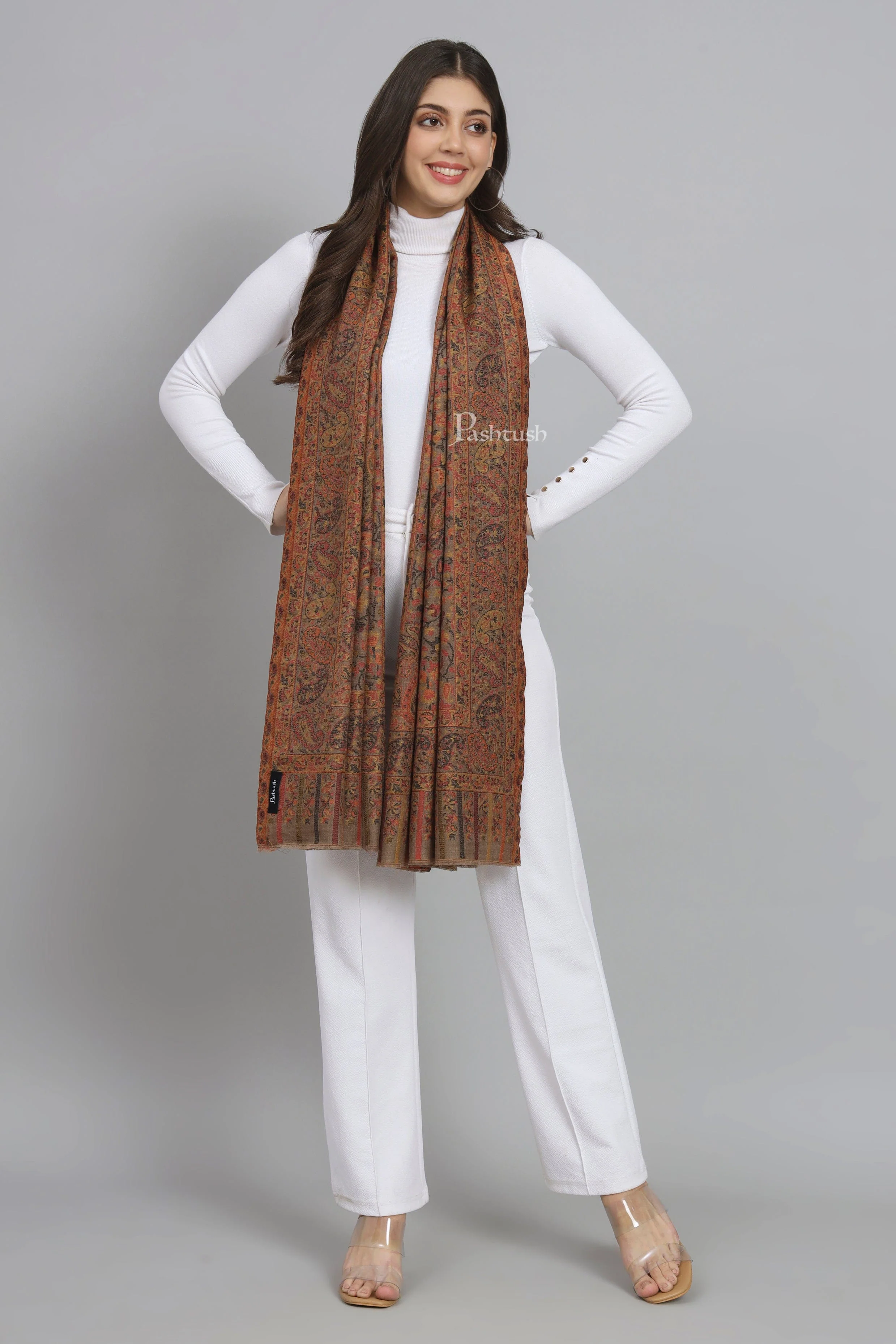 Pashtush Womens Extra Fine Wool Stole, Woven Ethnic Weave Design, Taupe - Image 4