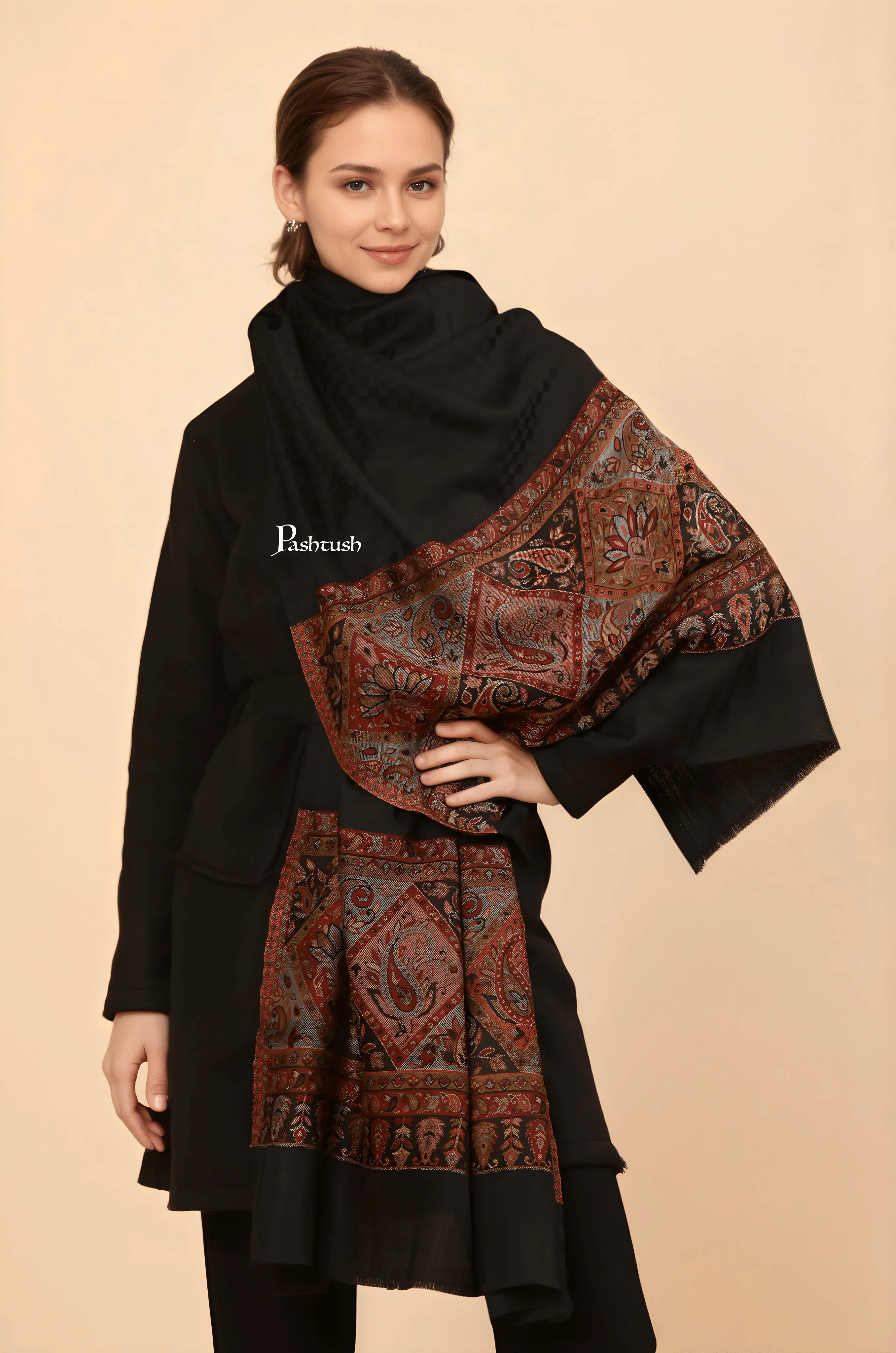 Pashtush Womens Extra Fine Wool Stole, Woven Geometric Design, Black