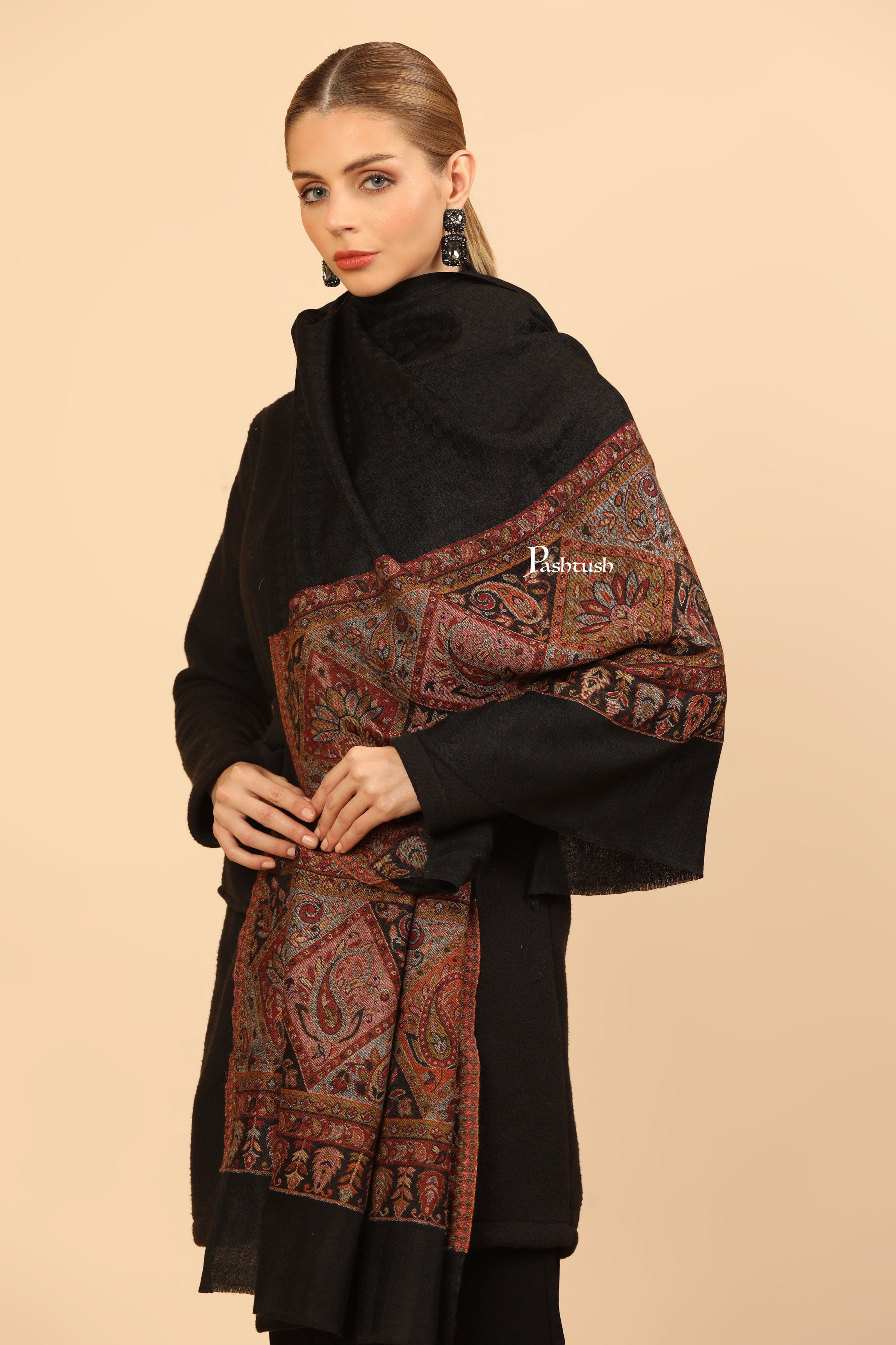 Pashtush Womens Extra Fine Wool Stole, Woven Geometric Design, Black - Image 10
