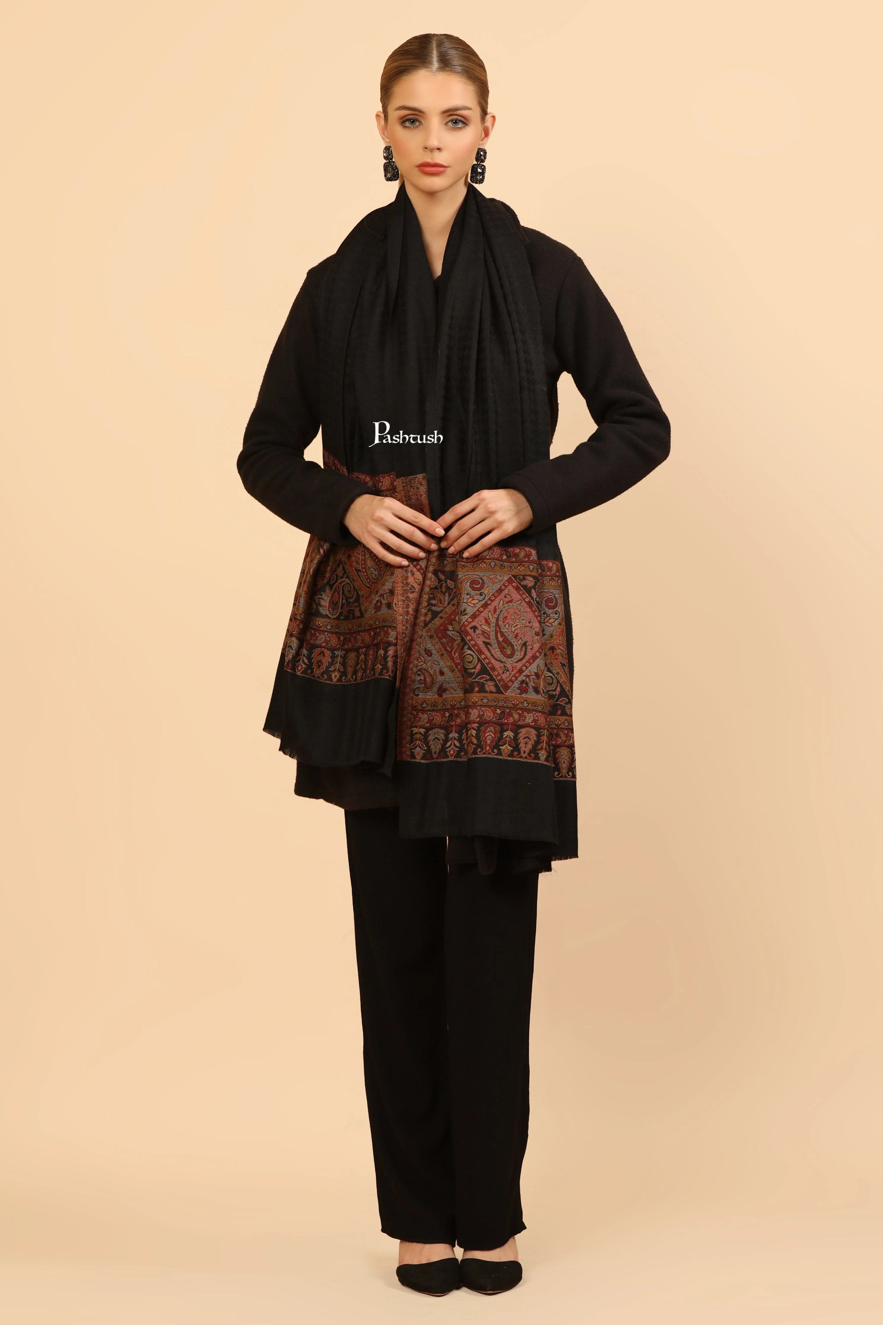 Pashtush Womens Extra Fine Wool Stole, Woven Geometric Design, Black - Image 6