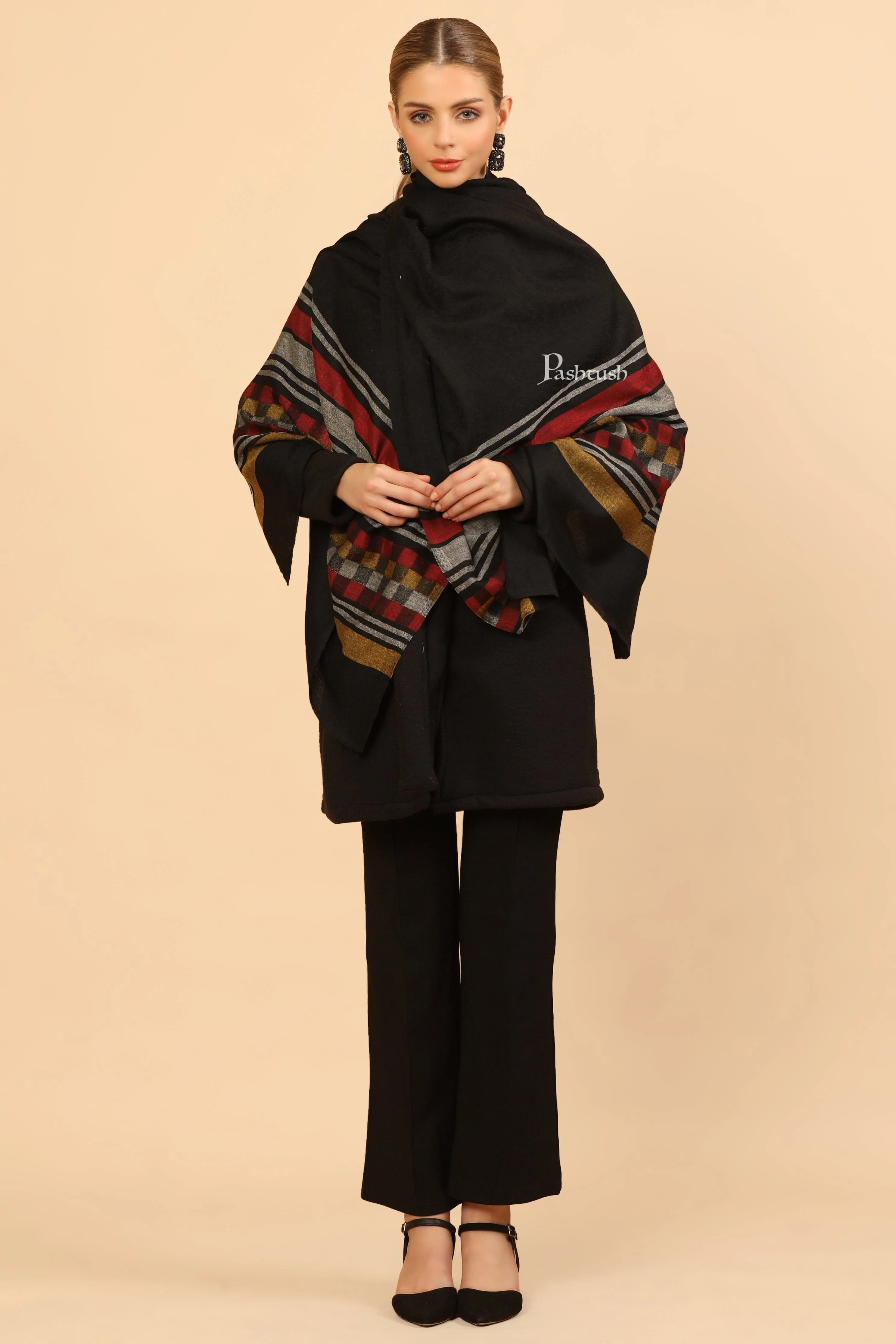 Pashtush Womens Extra Fine Wool Stole, Woven Geometric Design, Black - Image 4