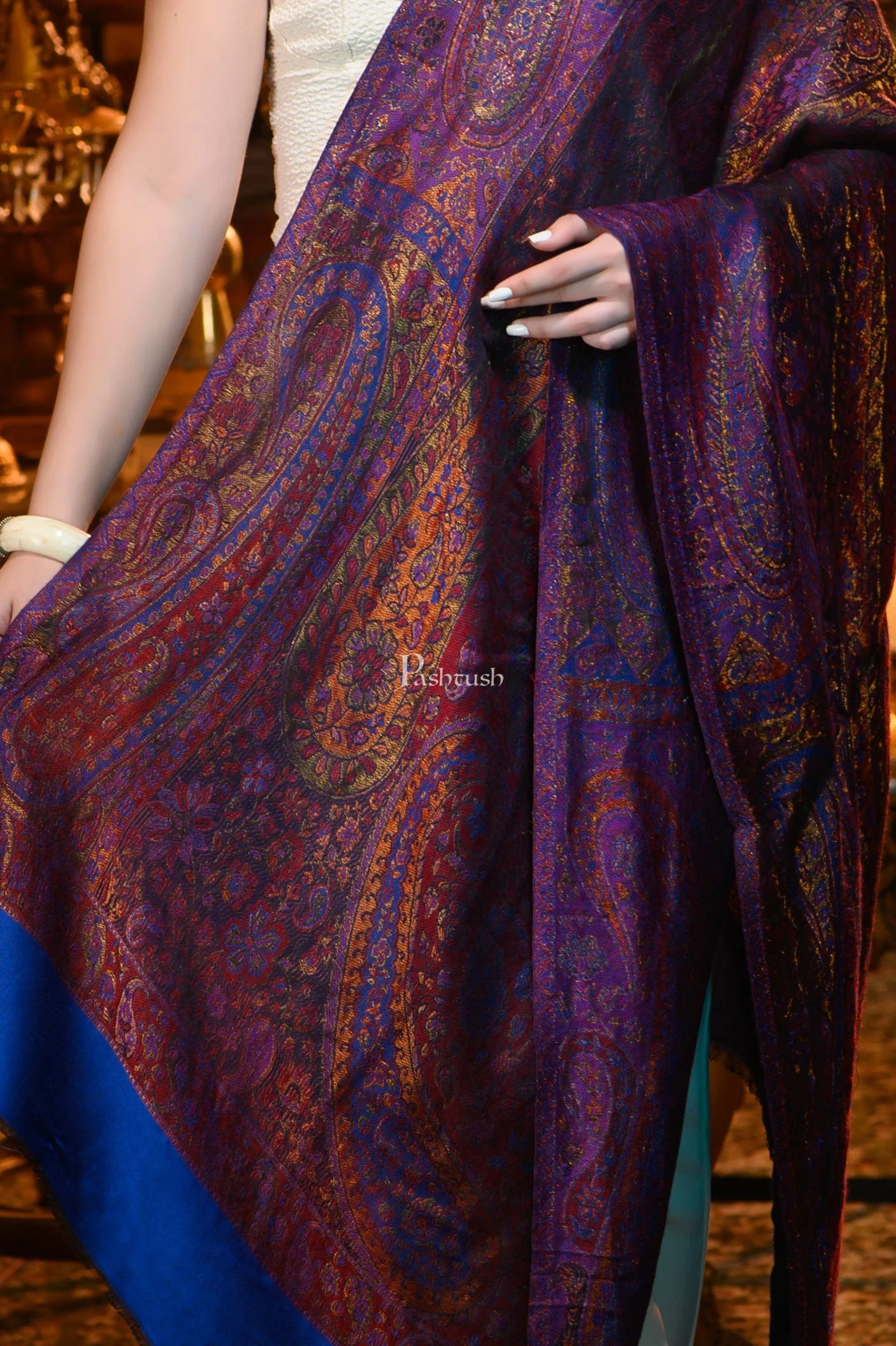 Pashtush Womens Extra Fine Wool twilight Stole With Shimmery Zari Thread Weave, Multicolour