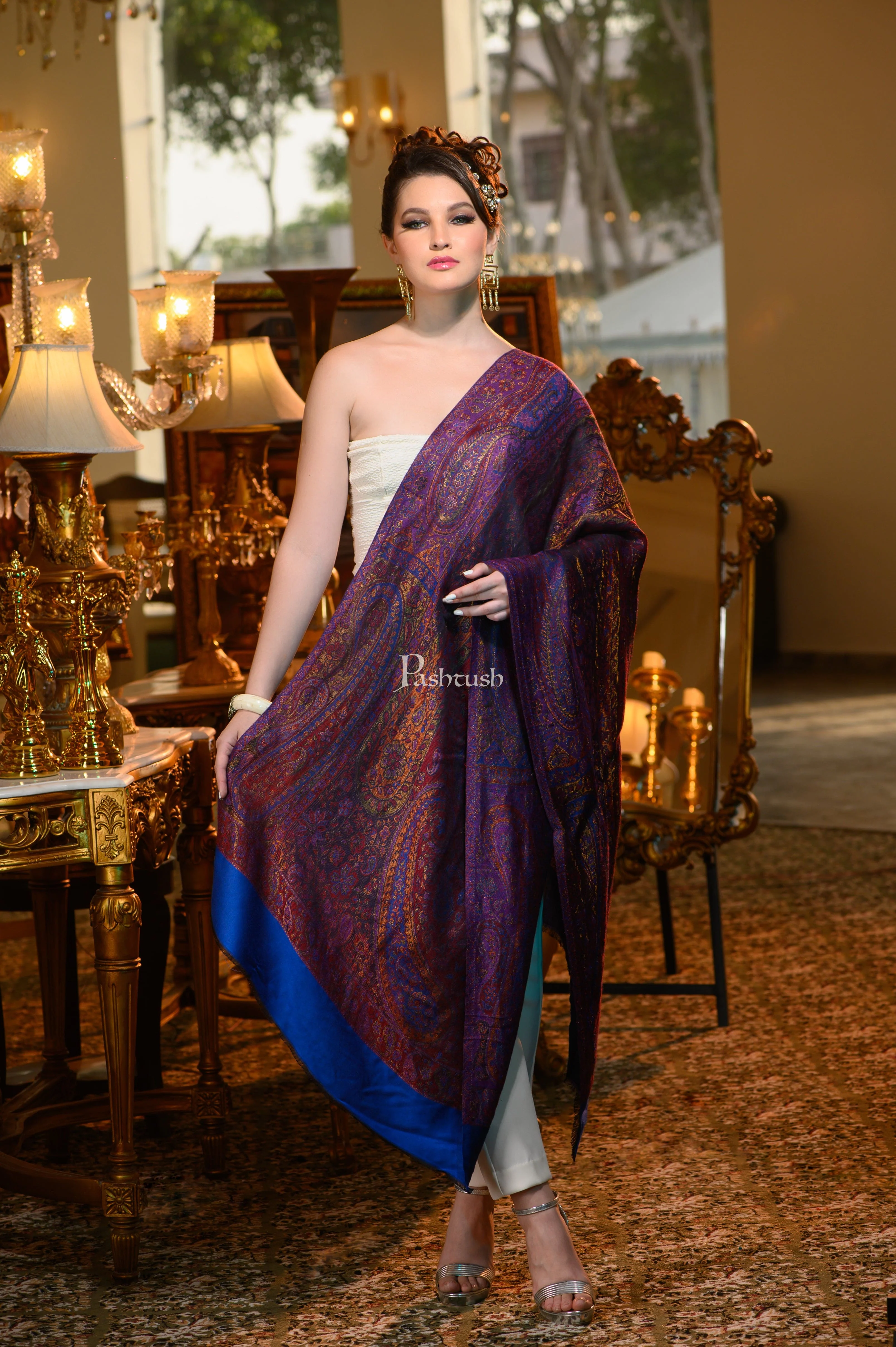 Pashtush Womens Extra Fine Wool twilight Stole With Shimmery Zari Thread Weave, Multicolour - Image 2