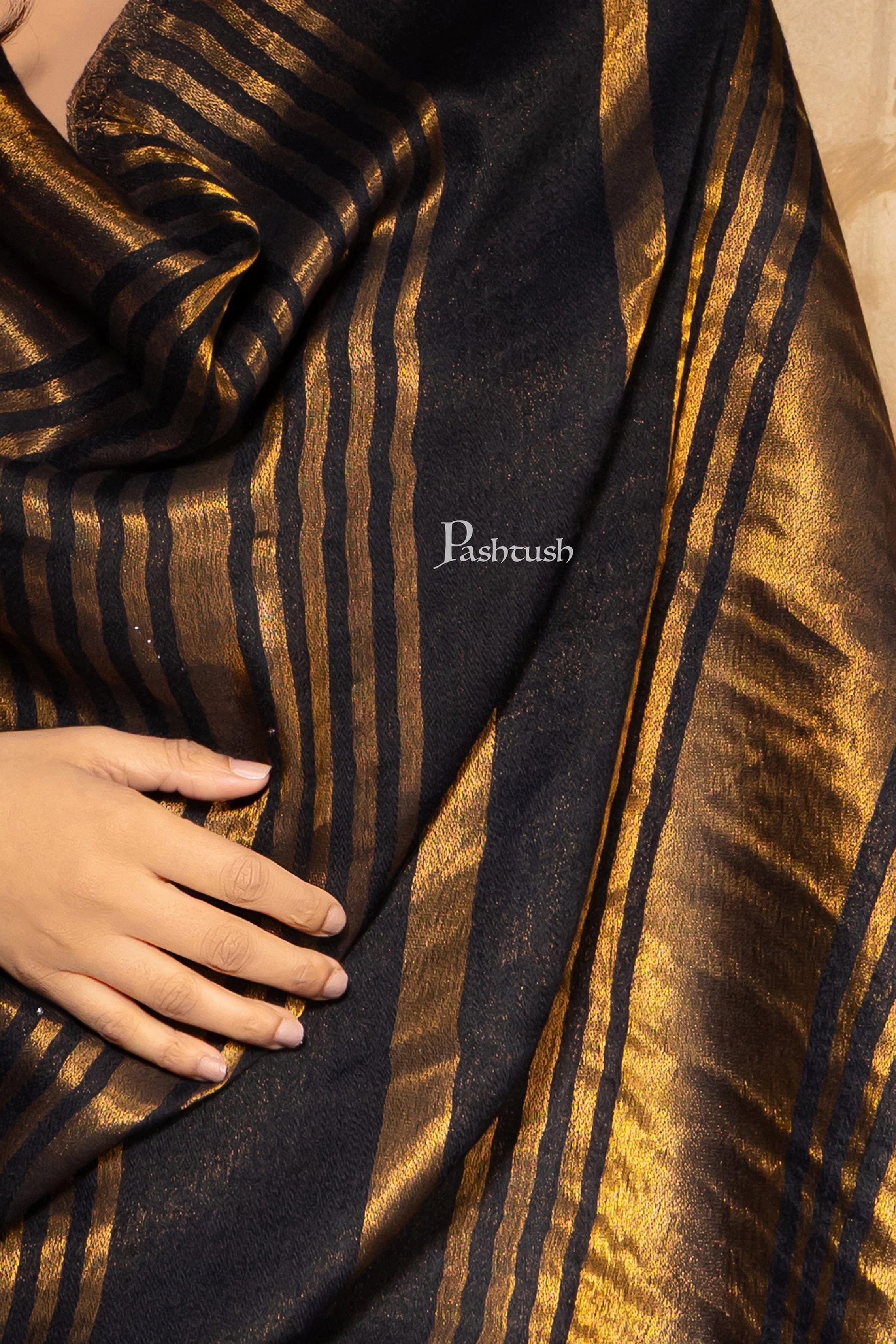 Pashtush Womens, Extra Fine Wool, Twilight Striped Scarf, With Shimmery Metallic Zari Thread Weave Black - Image 3