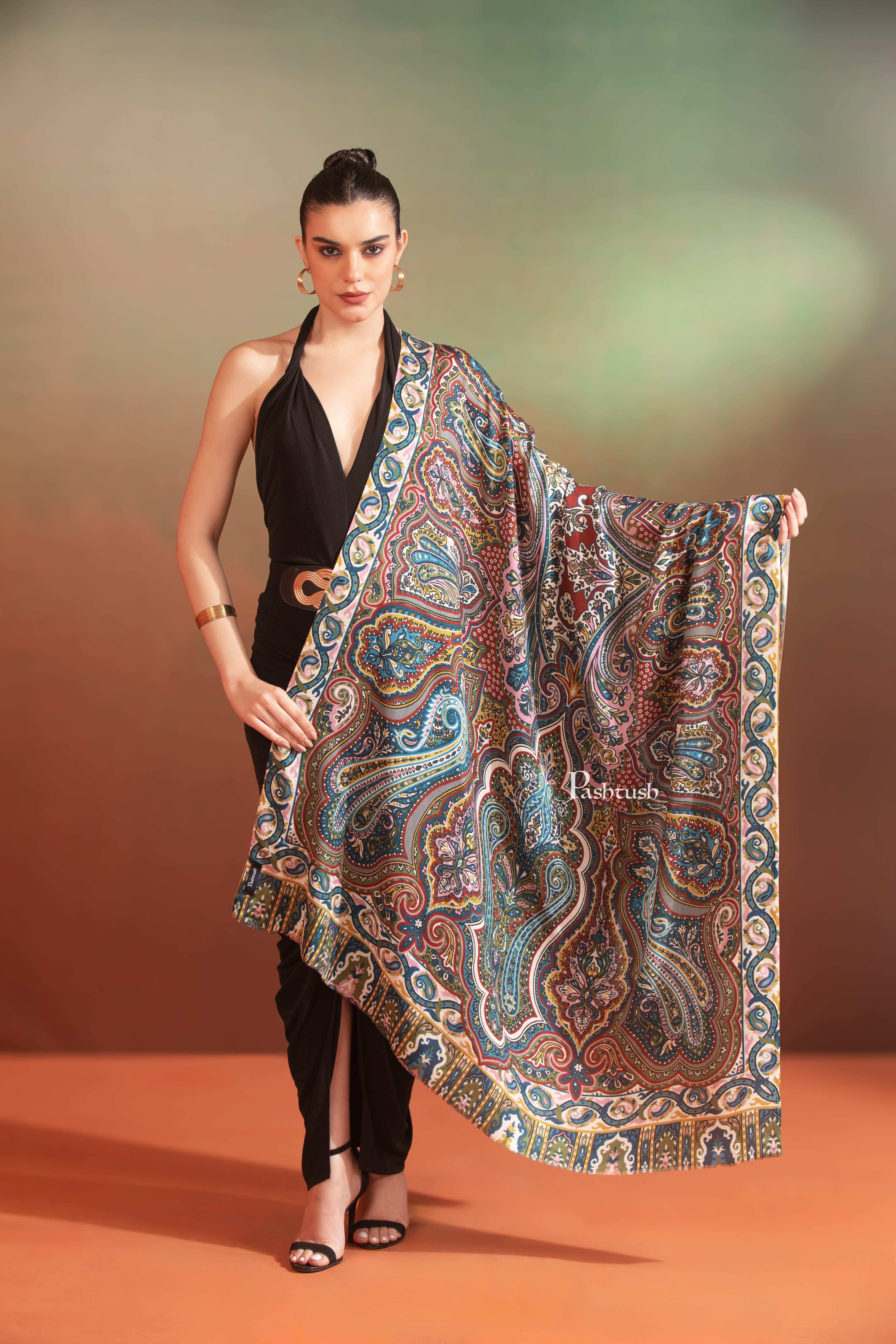 Pashtush Womens Extra Soft Bamboo Shawl, Printed Paisley Design, Multicolour - Image 4