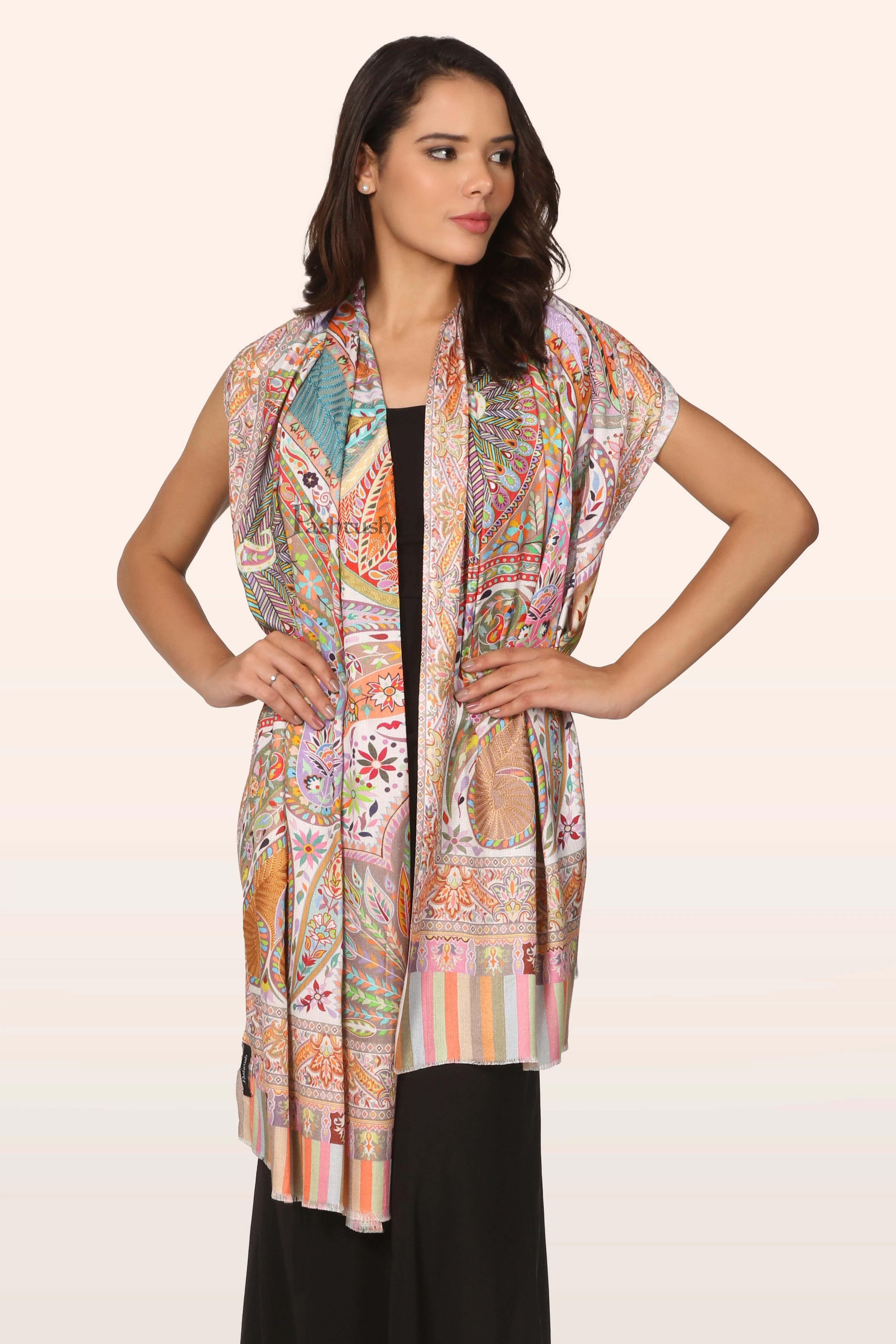 Pashtush Womens Extra Soft Bamboo Stole, Pasiley Print Nalki Embroidery Design, Multicolour