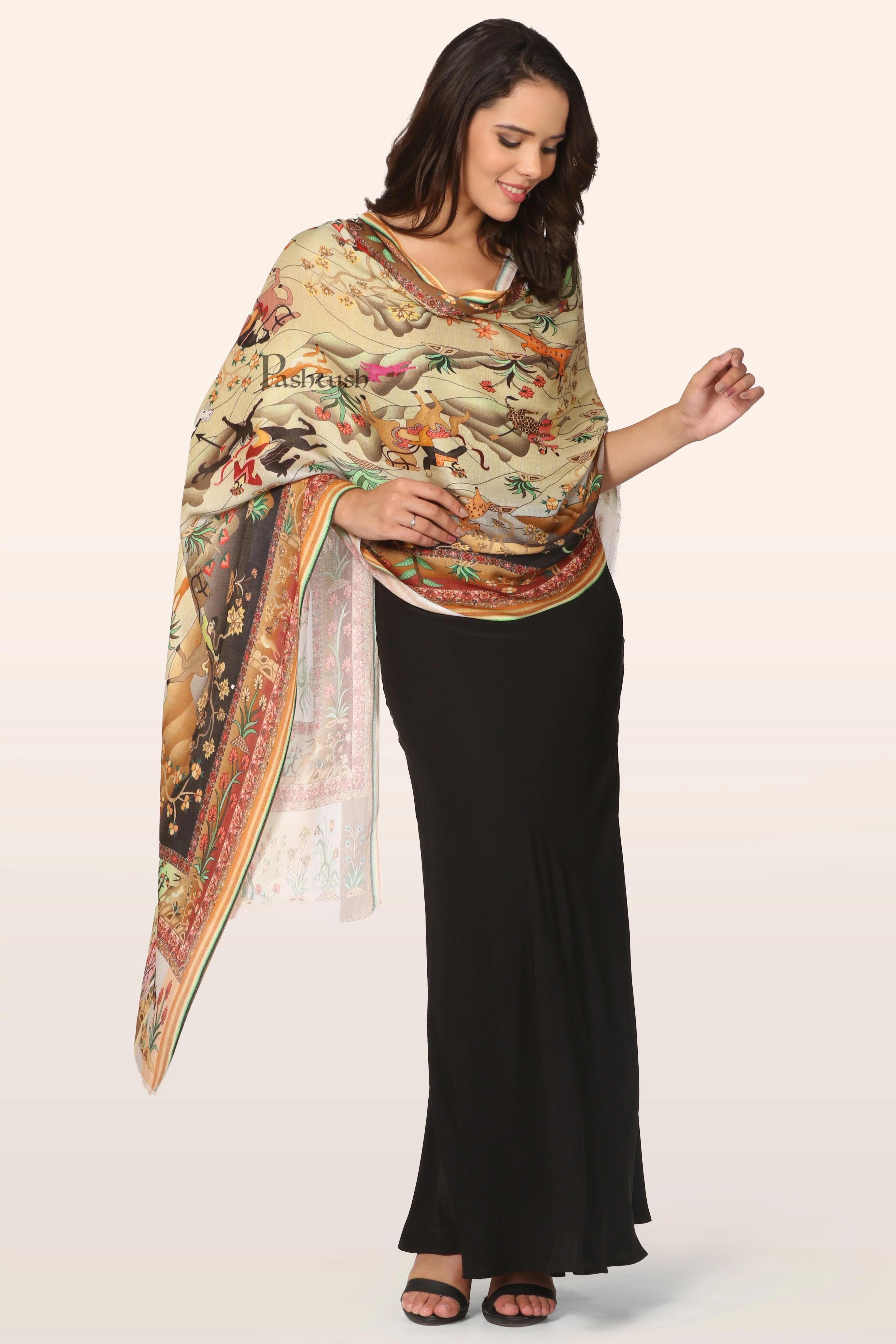Pashtush Womens Extra Soft Bamboo Stole, Shikardar Print Design, Multicolour - Image 3