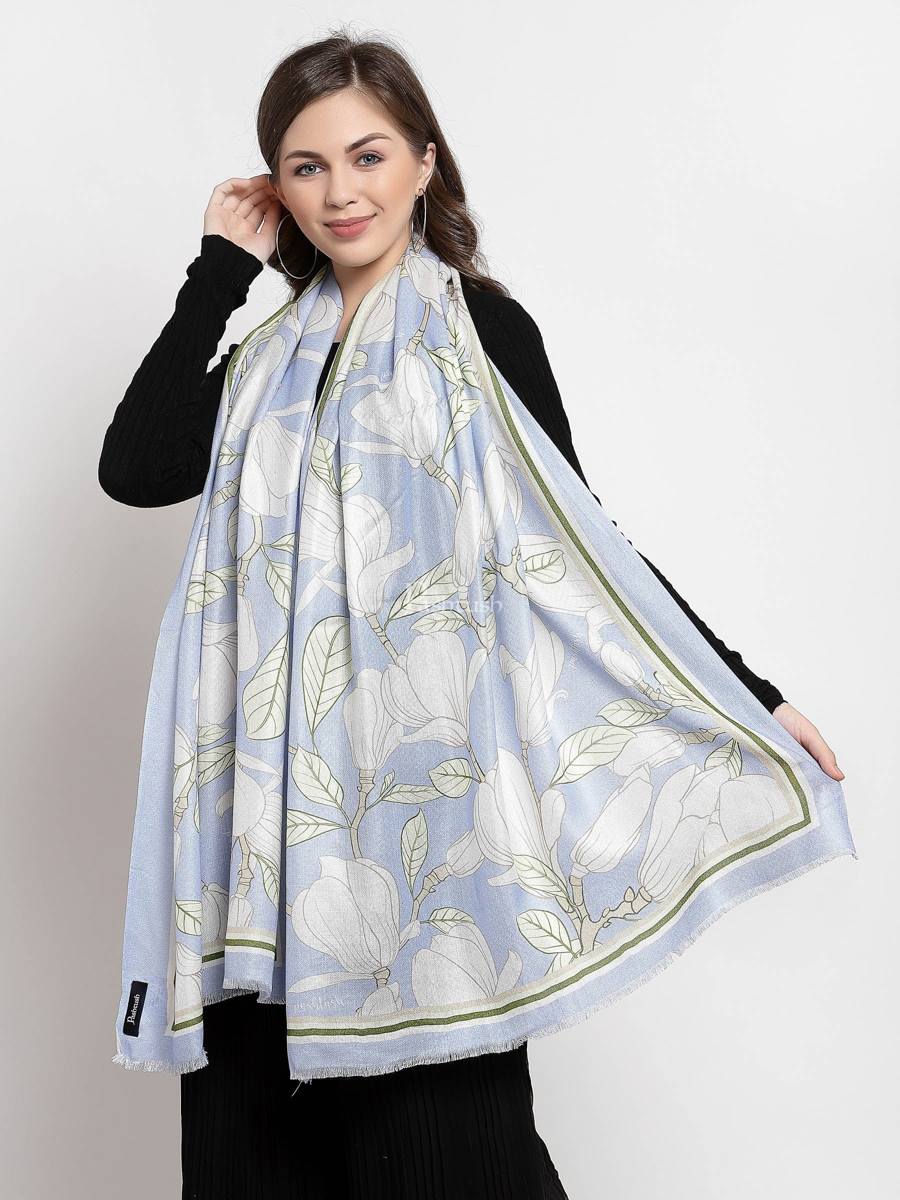 Pashtush Womens Extra Soft Bamboo Scarf, Printed Delicate Florals, Alice Blue