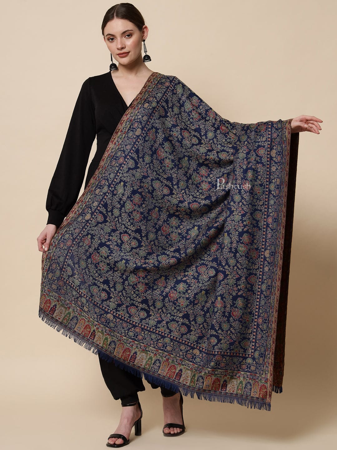 Pashtush Womens Faux Pashmina Ethnic Weave Shawl, Navy Blue - Image 4