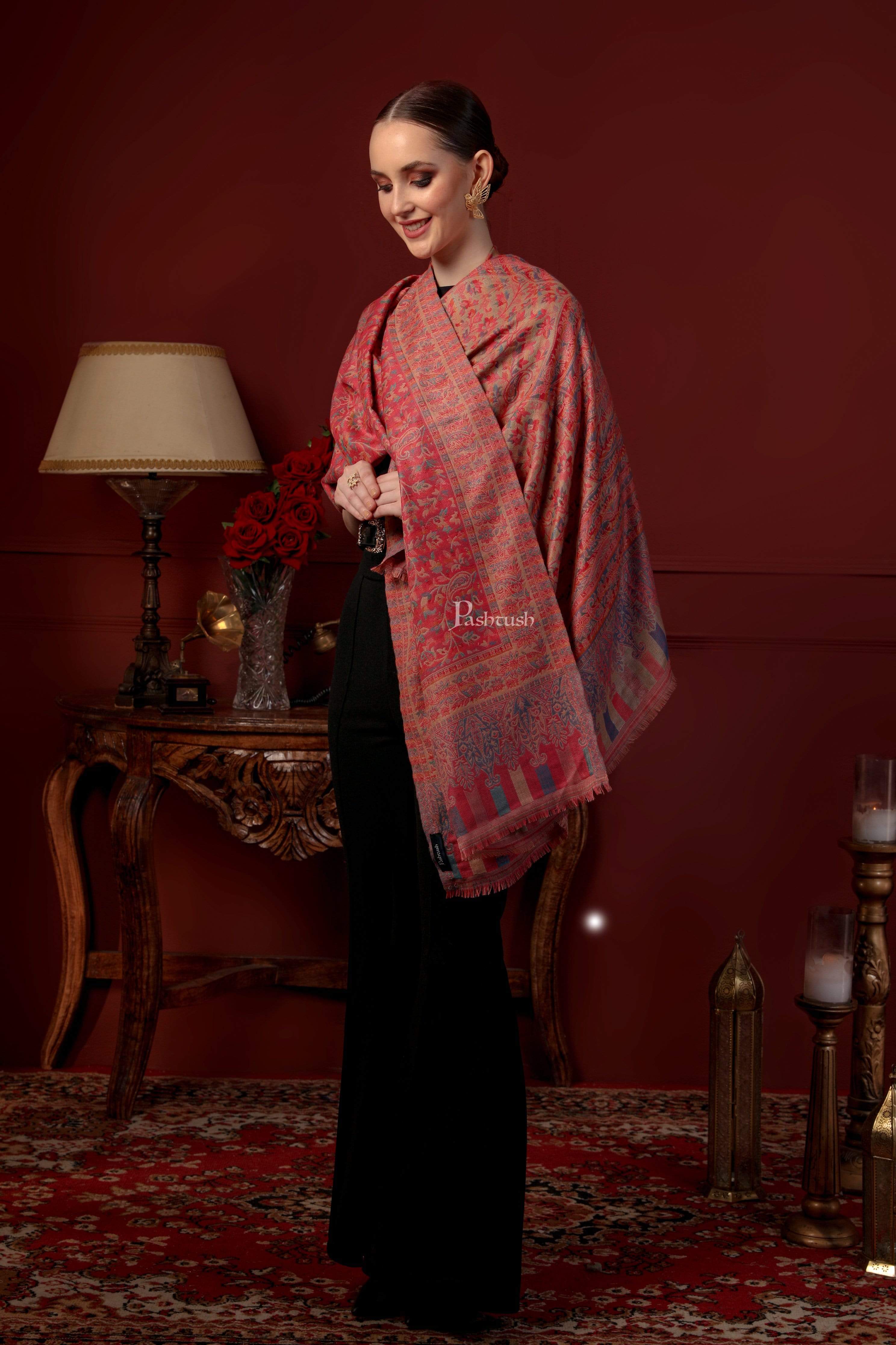Pashtush Womens Faux Pashmina Pink And Beige Jamawar Shawl - Image 5
