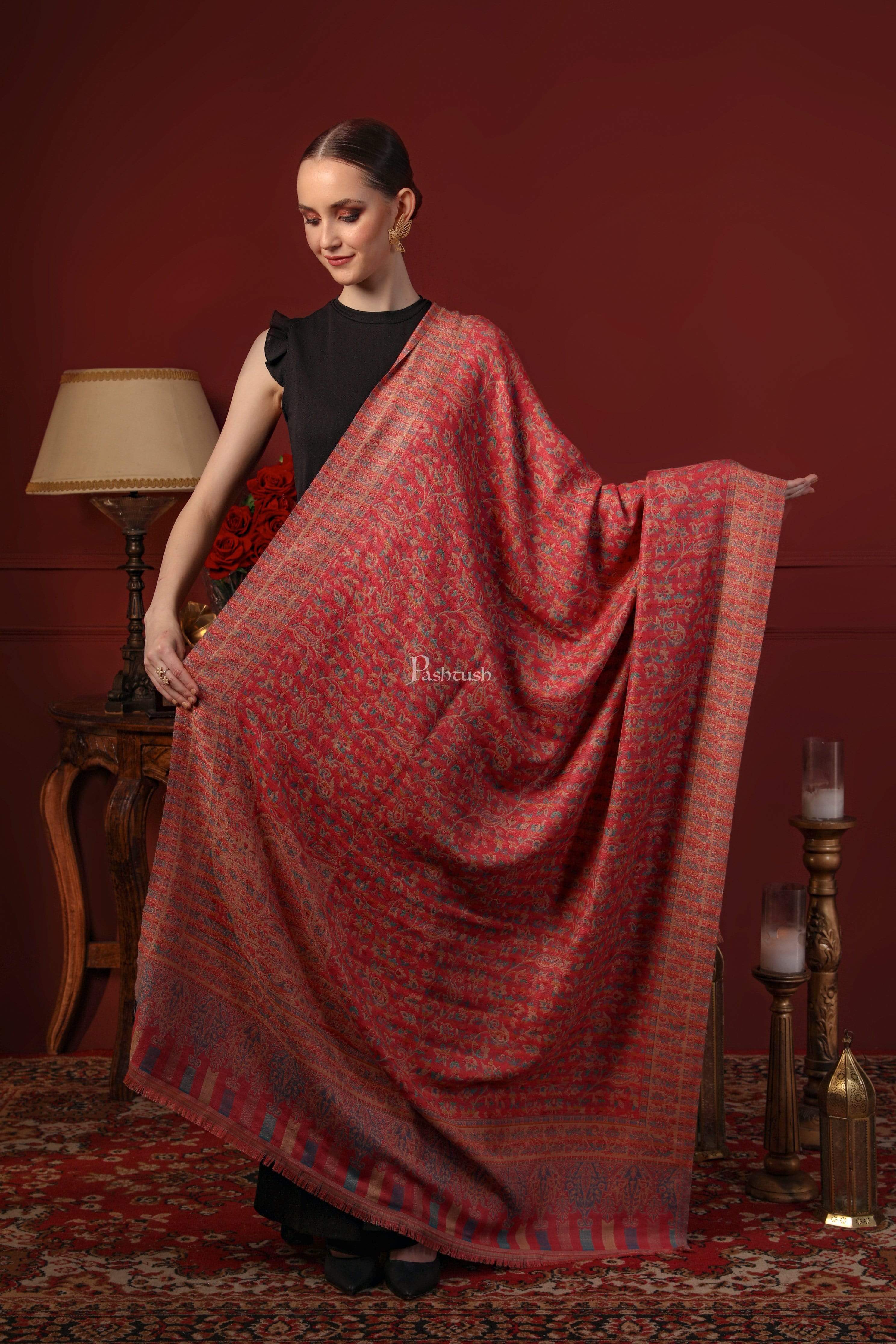 Pashtush Womens Faux Pashmina Pink And Beige Jamawar Shawl - Image 7