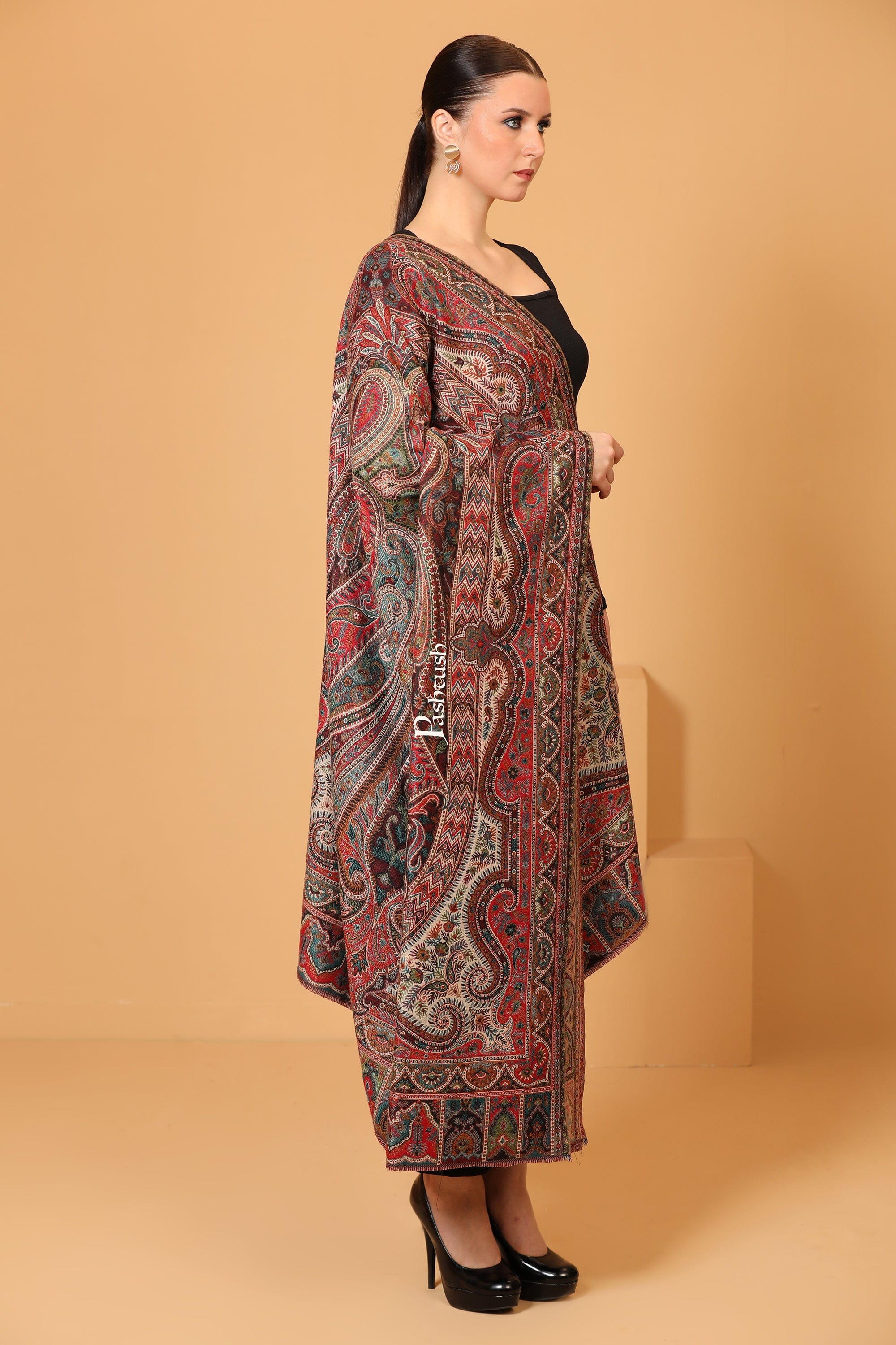 Pashtush womens Faux Pashmina shawl, Antique Rich Garden Aesthetic design, Multicolour - Image 3