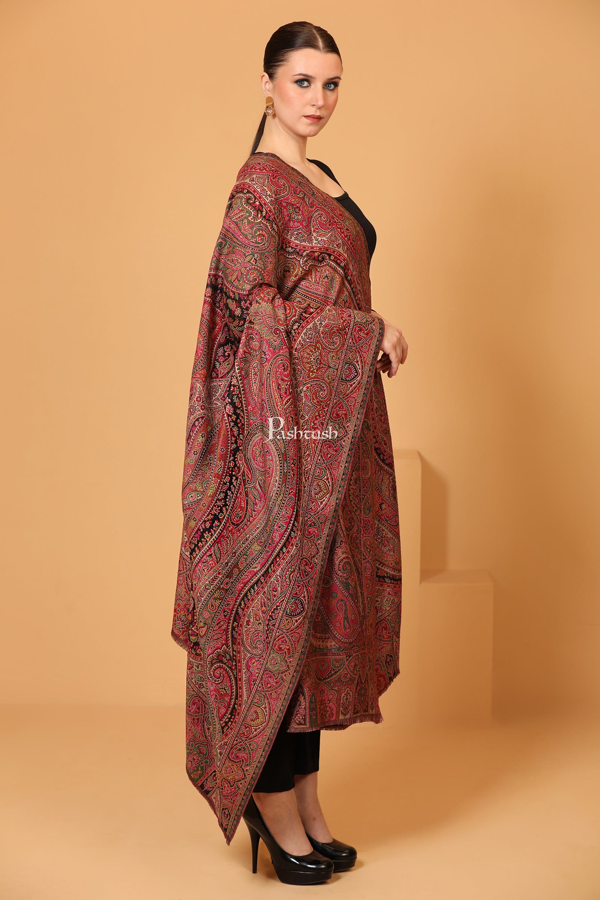 Pashtush womens Faux Pashmina shawl, Antique Rich Garden Aesthetic design, Multicolour - Image 6