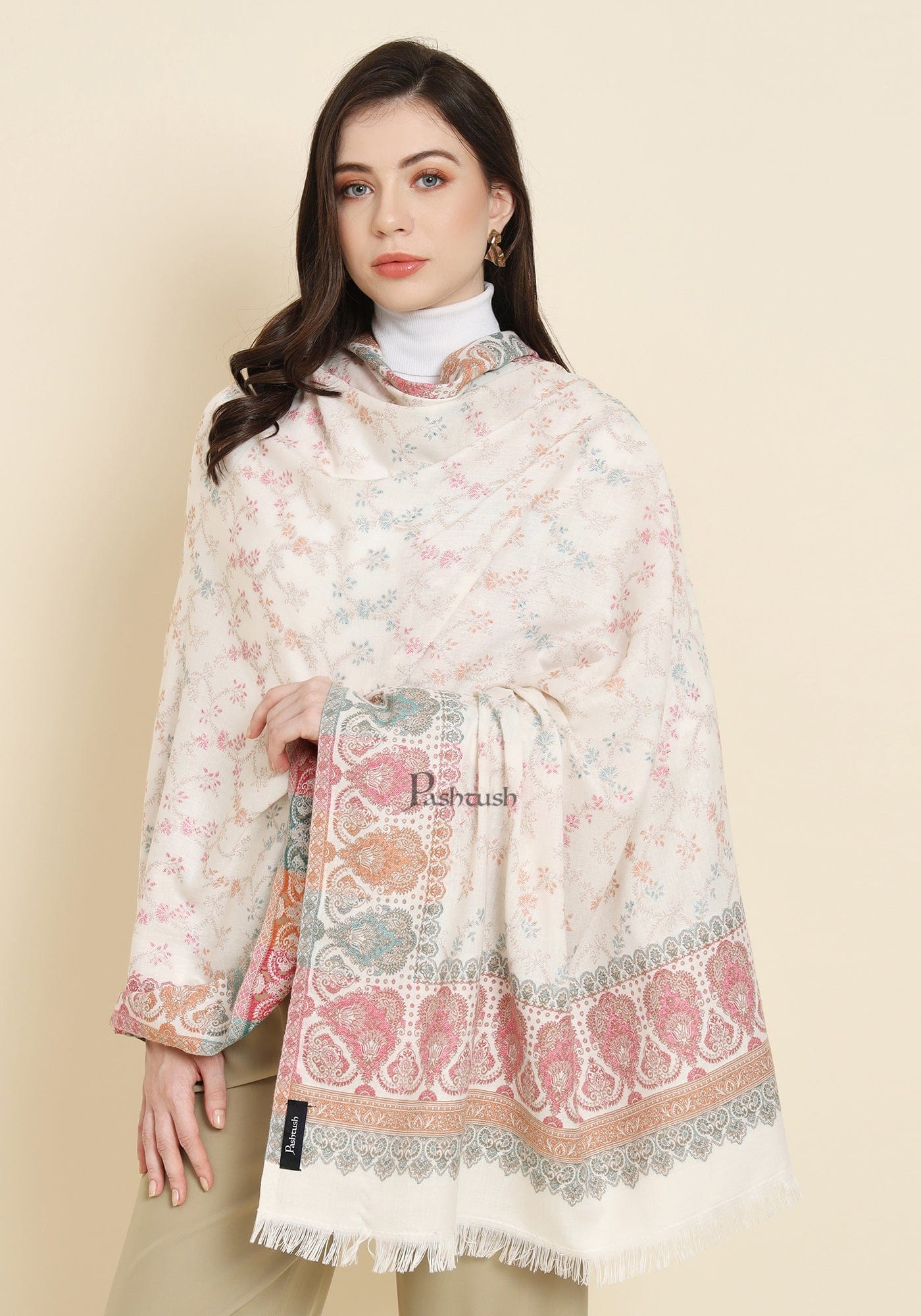 Pashtush Womens Faux Pashmina Shawl, Design, Ivory - Image 4