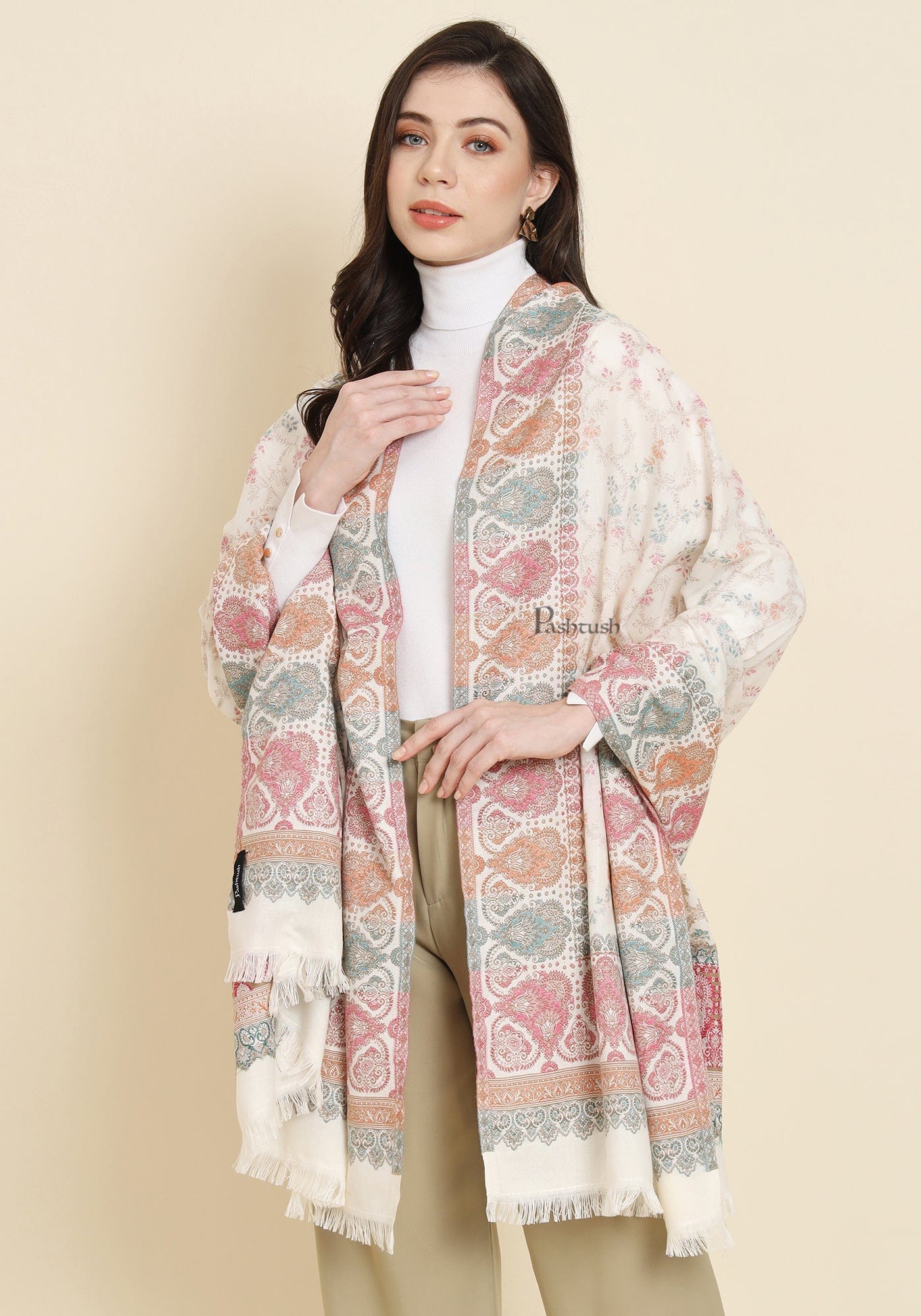 Pashtush Womens Faux Pashmina Shawl, Design, Ivory - Image 5
