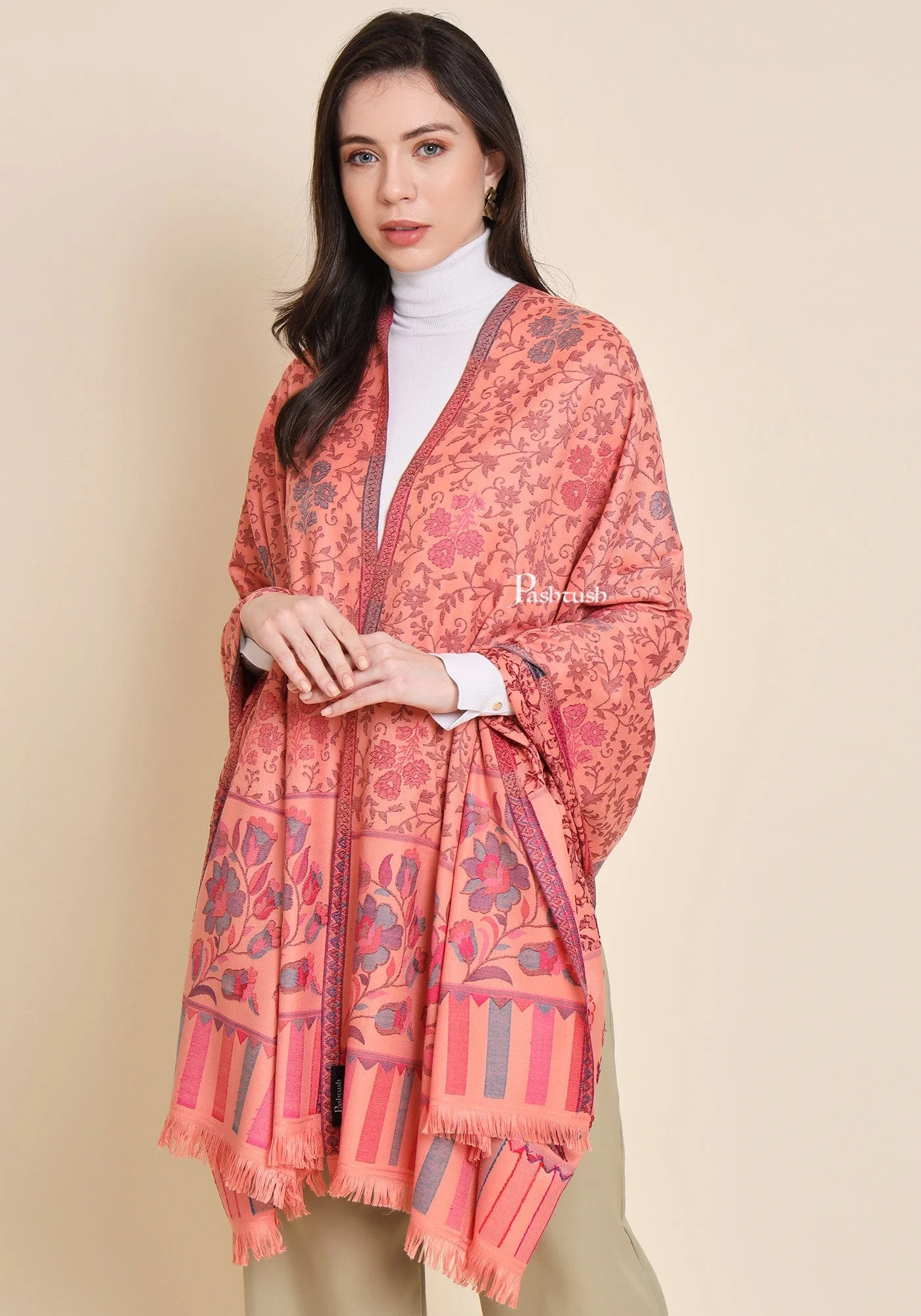Pashtush Womens Faux Pashmina Shawl,  Design, Peach - Image 4