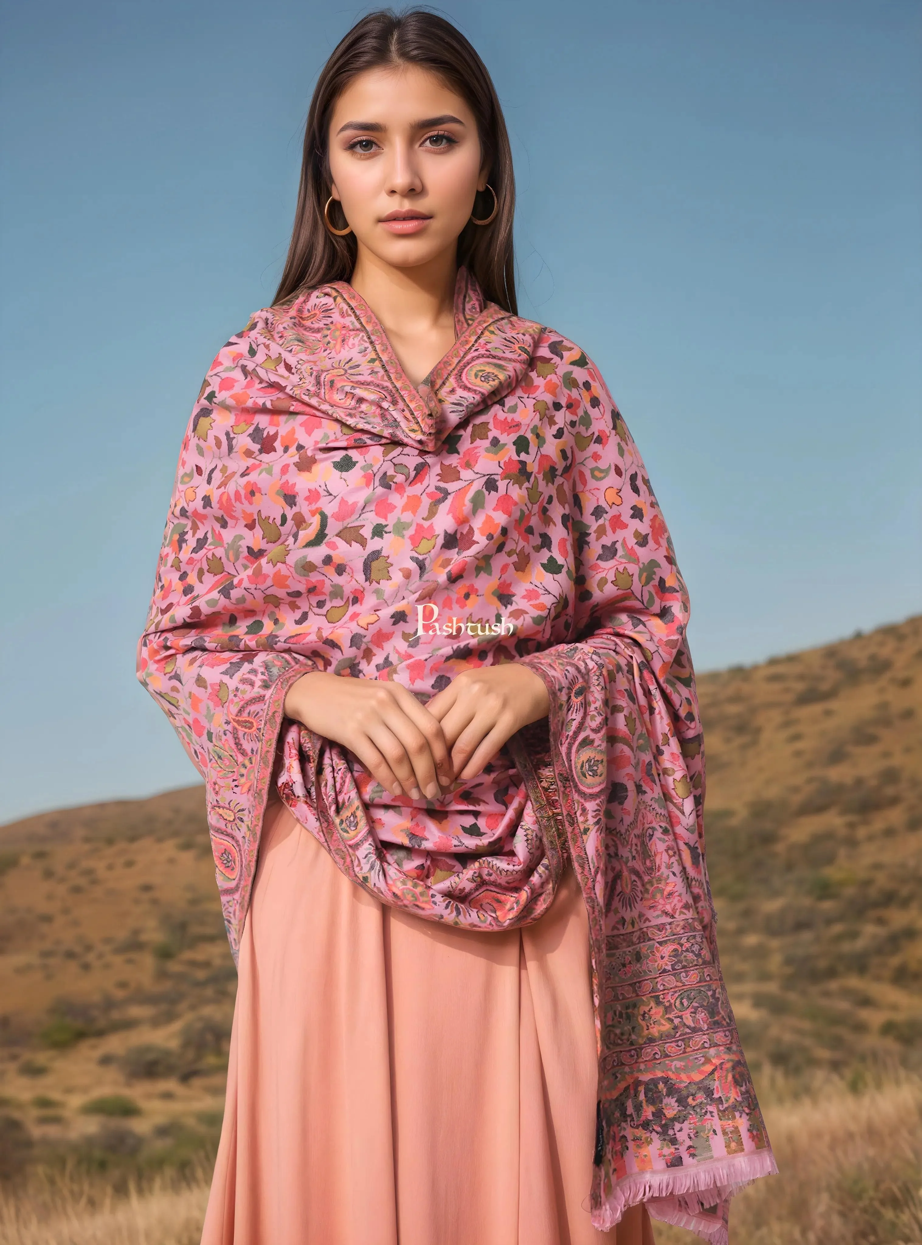 Pashtush Womens Faux Pashmina Shawl, Ethnic weave Design, Soft Pink