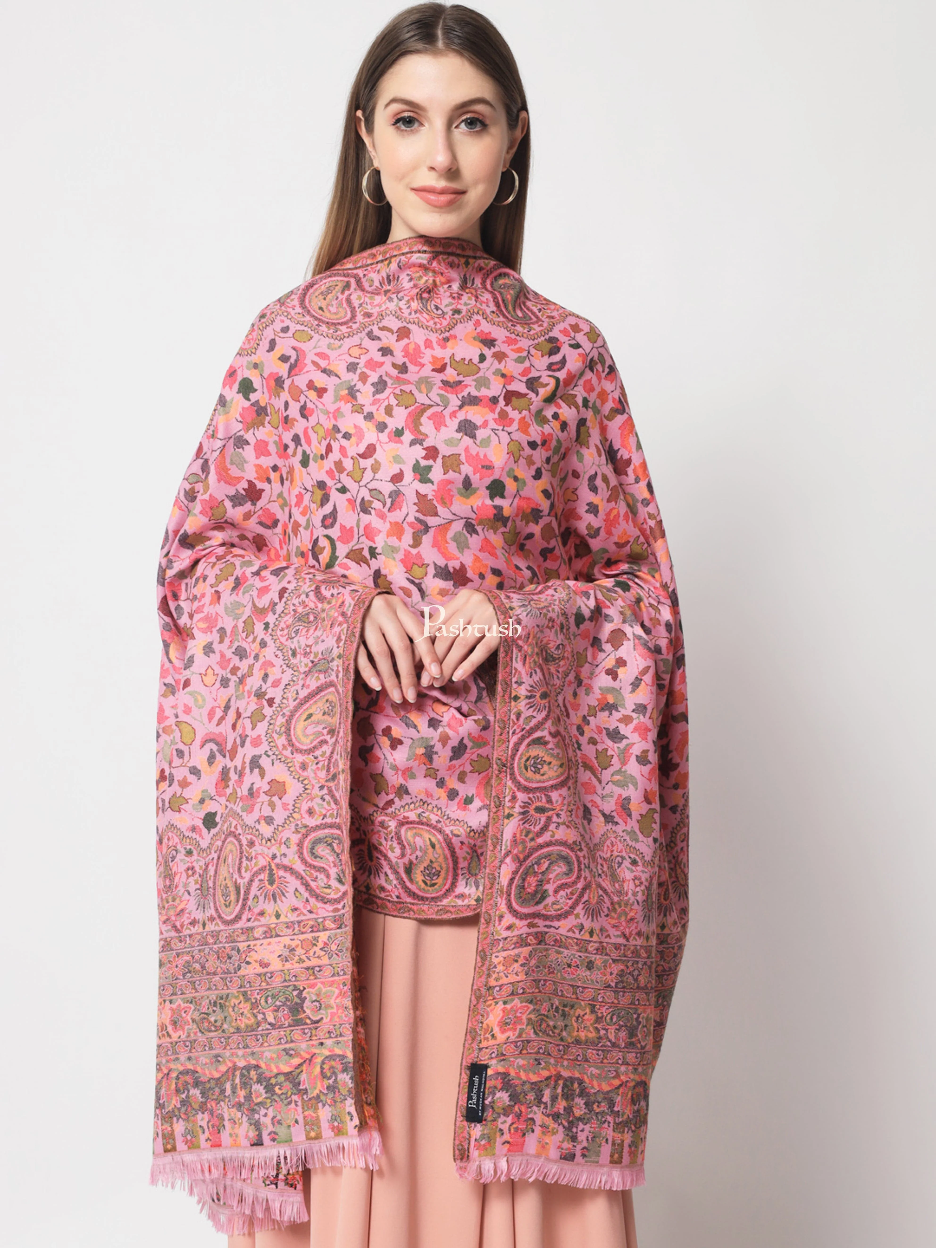 Pashtush Womens Faux Pashmina Shawl, Ethnic weave Design, Soft Pink - Image 5
